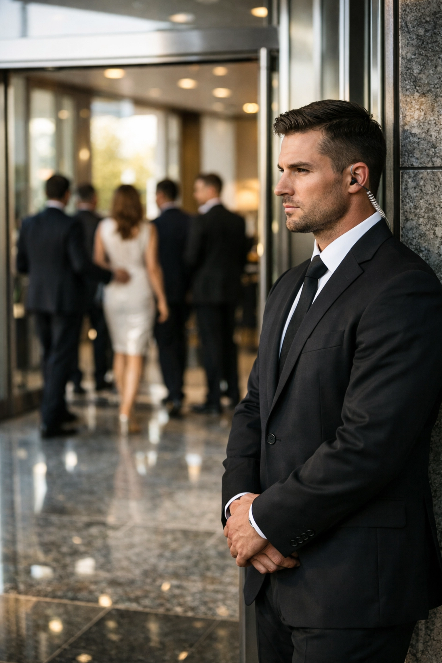 Discreet professional security monitoring the VIP entrance for a Super Bowl corporate hospitality event.