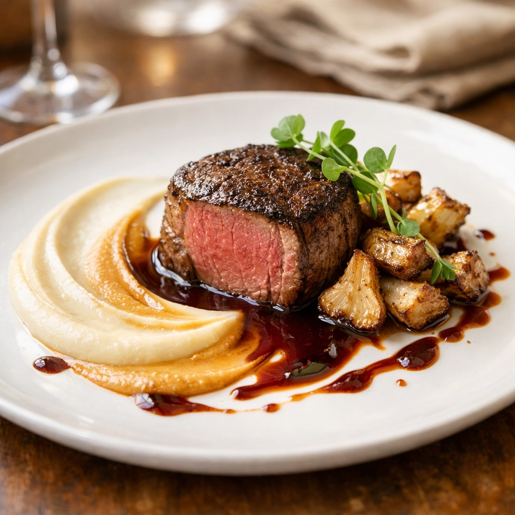 Elegant plated beef filet with purées, sunchokes, and wine reduction
