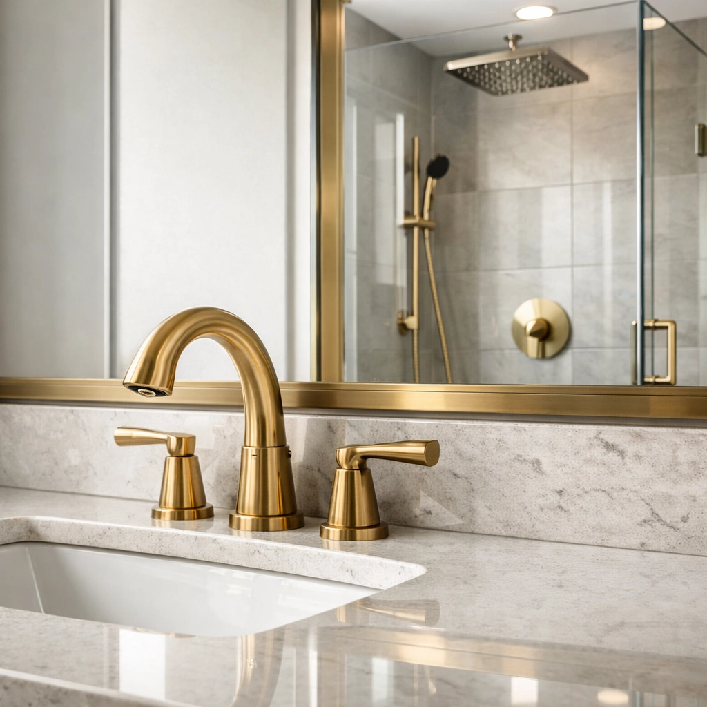 Modern bathroom fixtures and finishes including quartz vanity and frameless shower in Orlando