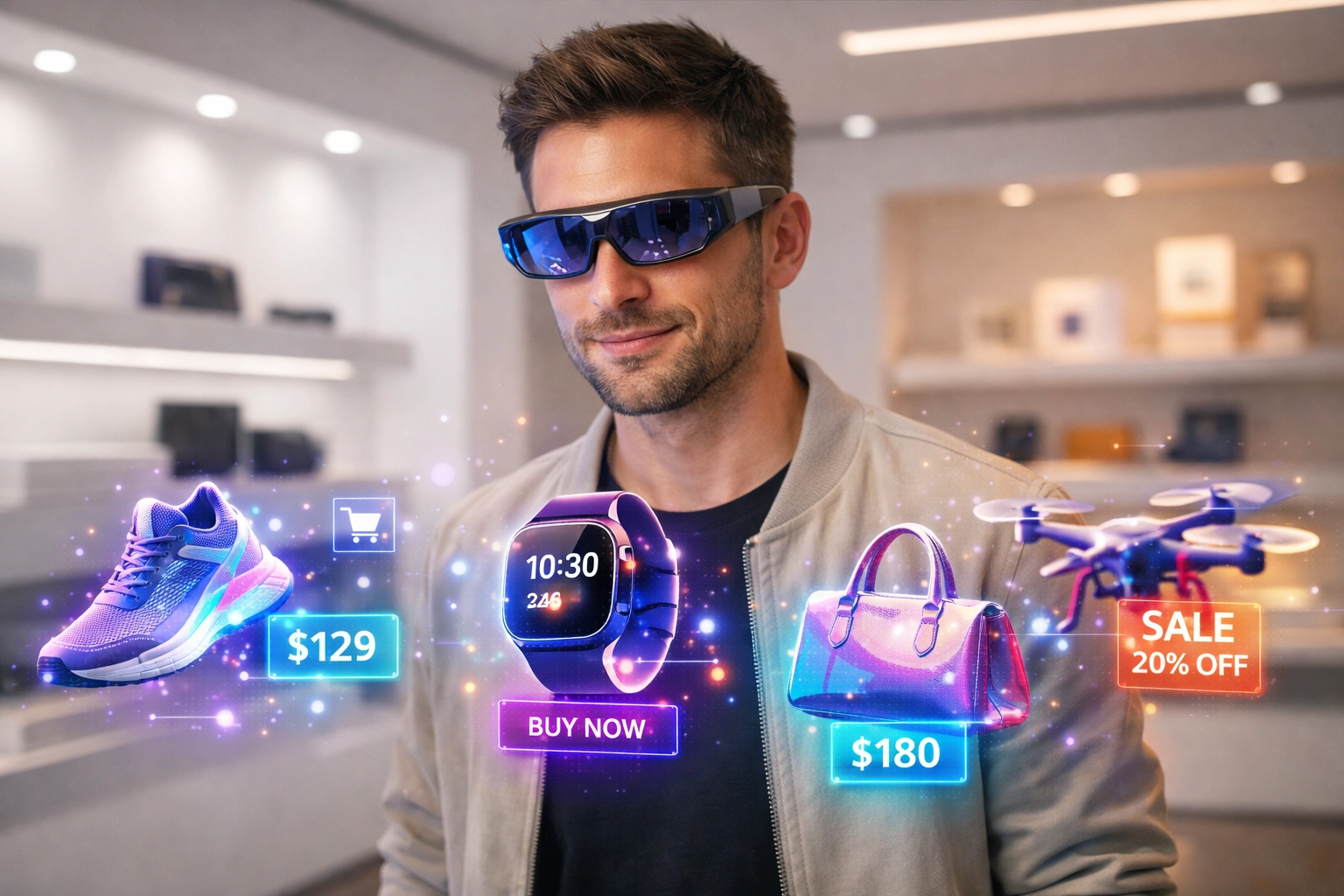Merchant using AR glasses to view holographic products, integrating physical stores with metaverse shopping systems.