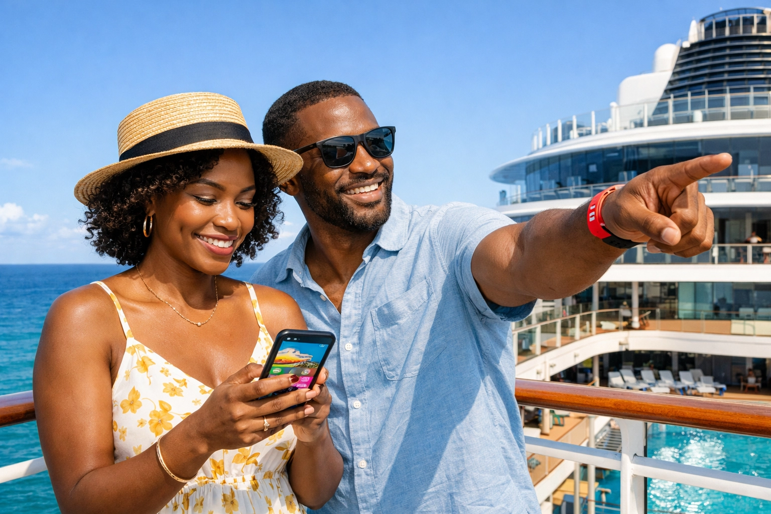 Couple using the Virgin Voyages app on deck, a top tip from your expert Adults Only travel agent.