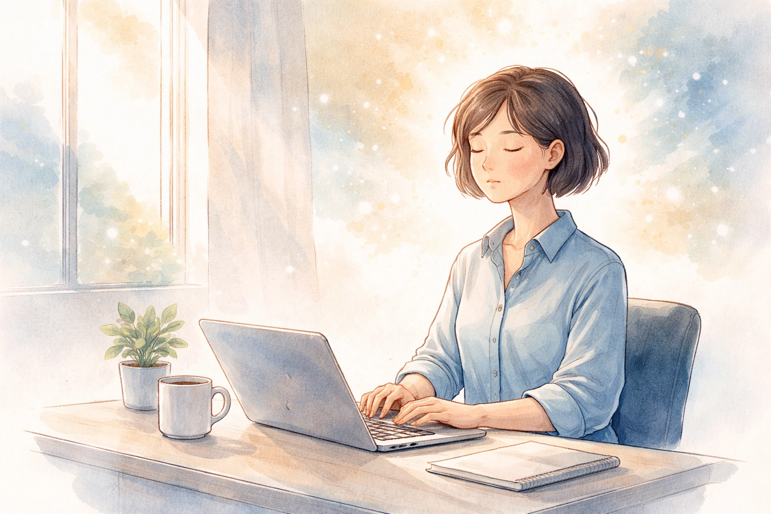 Person at a peaceful office desk taking a micro-prayer pause, illustrating faith at work and daily spiritual presence.