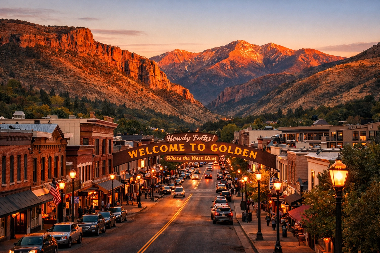 Golden hour at downtown Golden, Colorado, a premier photo spot for storytelling travel photography.