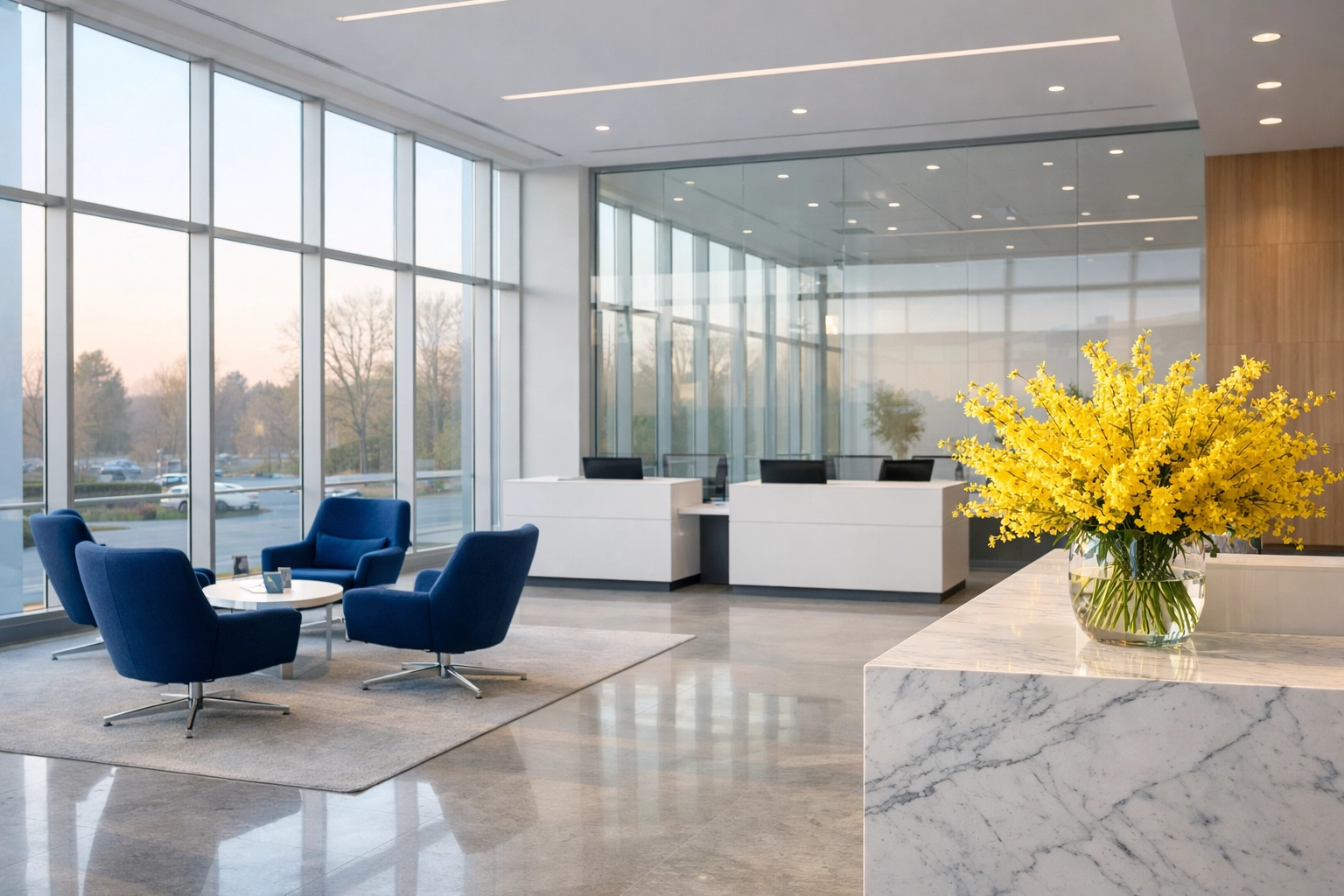 Pristine modern office lobby in Hanover with polished floors and clean windows for a professional business image.