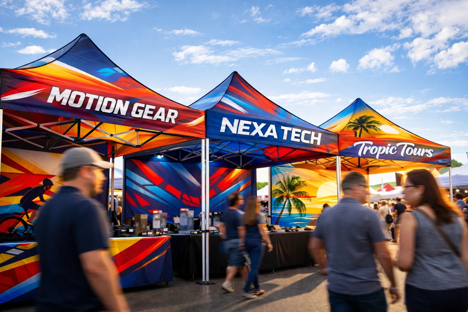 Custom printed canopy tents at outdoor trade show displaying vibrant full-coverage designs
