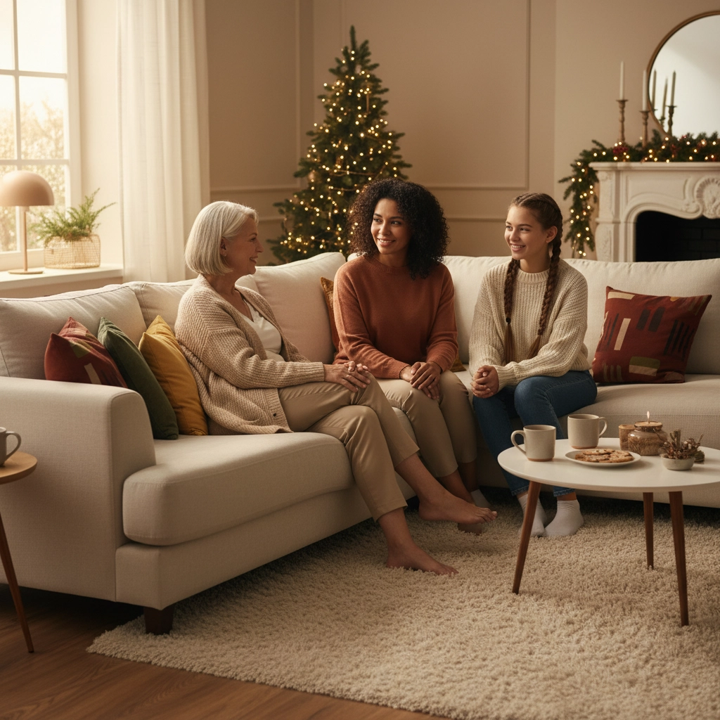 Picture of three women, a young girl, her mother, and her grandmother, are sitting on a sofa in a living room with a Christmas tree in the background and a pine garland across the mantle of the fireplace to the right behind them. Thanksgiving Travel Survival Guide: Navigating Drama Like a Pro