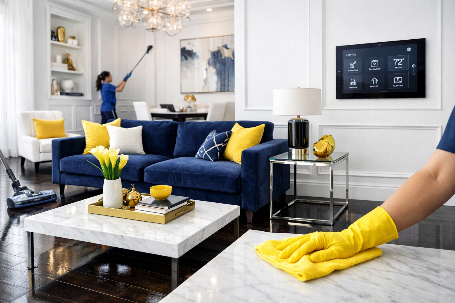 Professional residential cleaning Massachusetts for luxury living rooms with dark hardwood floors and designer furniture.