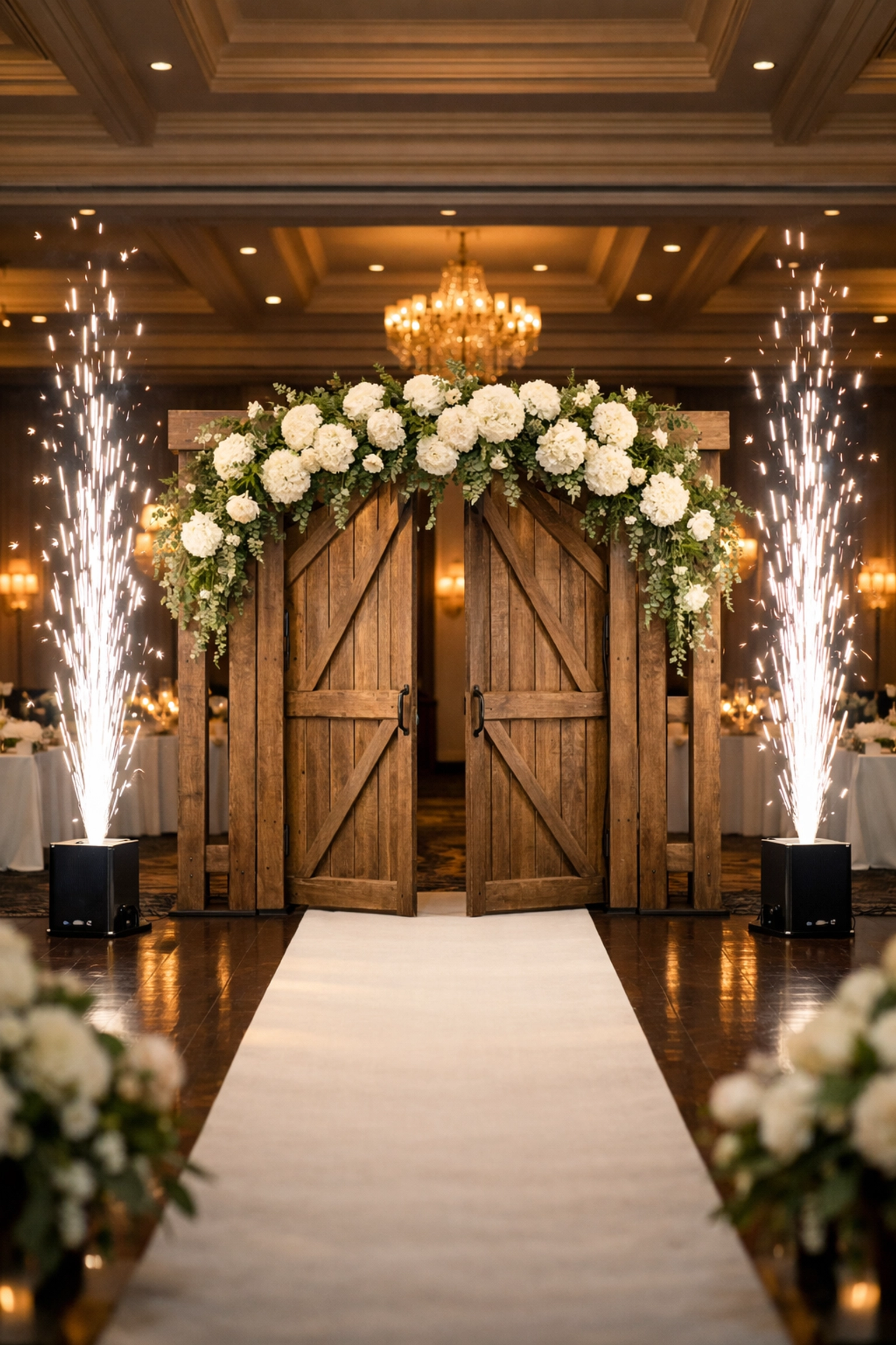 Indoor cold spark rental machines and a floral rustic wedding arch for a grand ballroom entrance.