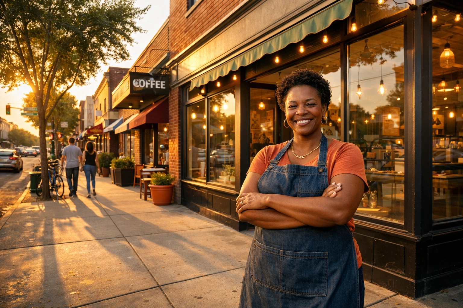 Black business owner in front of storefront on thriving neighborhood street