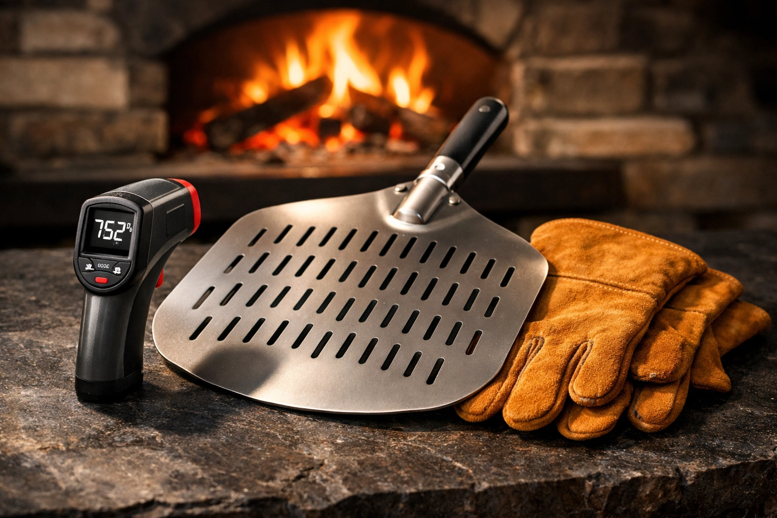 Essential wood fired pizza oven tools including an infrared thermometer and stainless steel pizza peel.