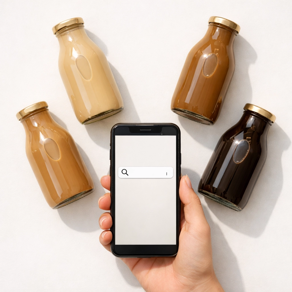 Searching for ready to drink coffee on Blinkit with multiple glass coffee bottles displayed