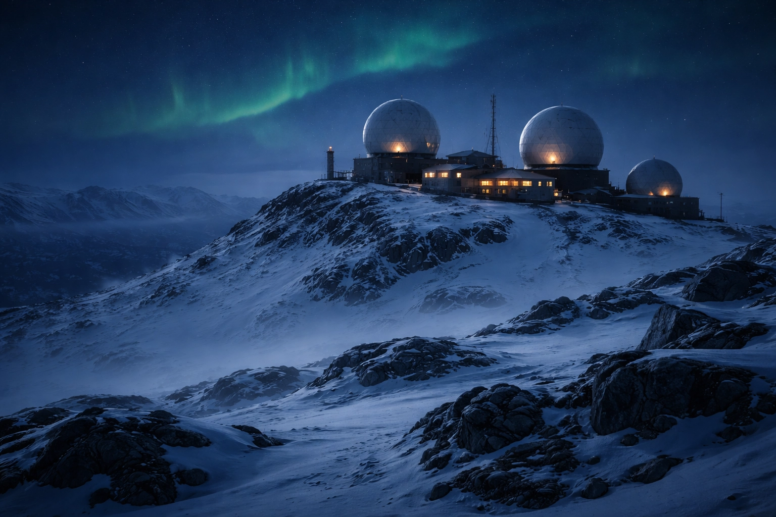 Arctic military radar station on snowy Greenland hillside, illustrating strategic defense importance.
