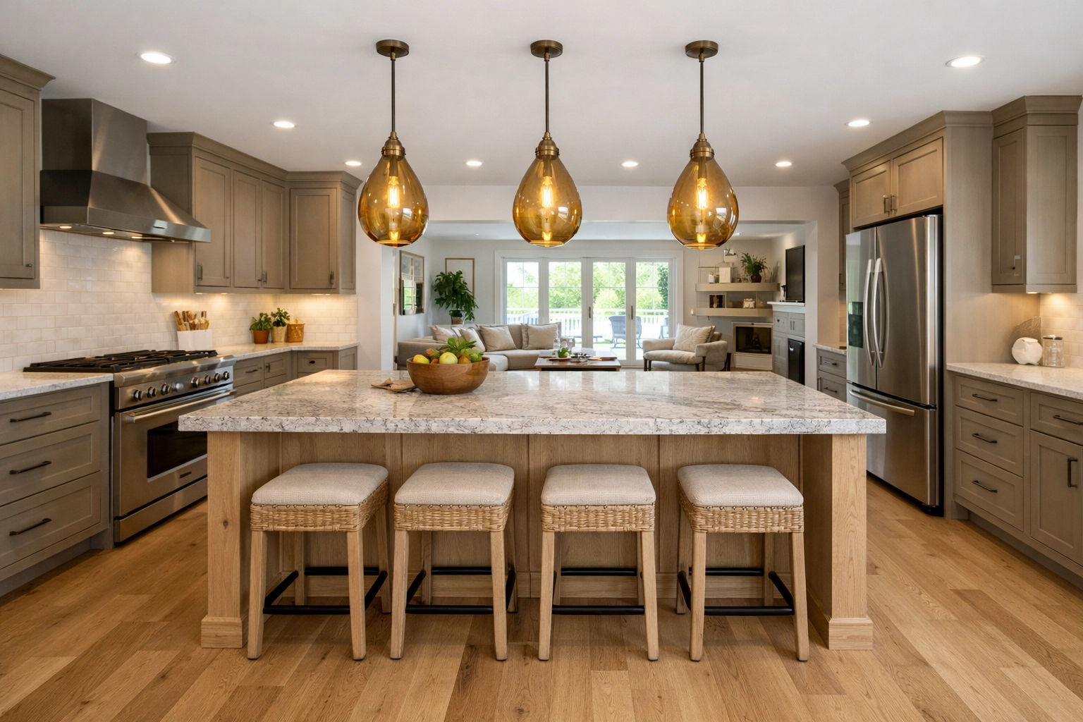 Modern Bay Village kitchen featuring mushroom cabinets, white oak island, and stylish pendant lighting.