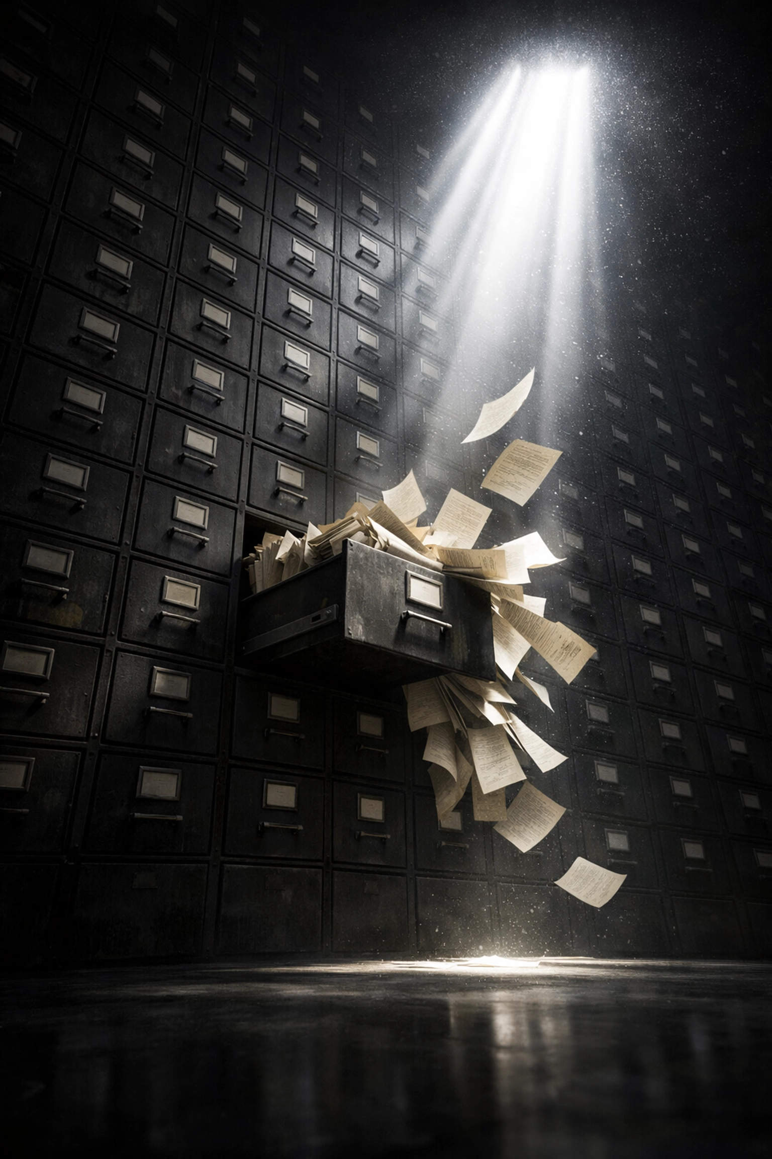 Open filing cabinet with documents revealing truth and accountability