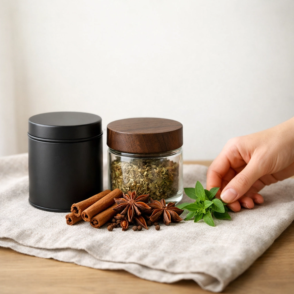 Authentic Kerala spices like cinnamon and star anise stored in premium airtight tins for freshness.