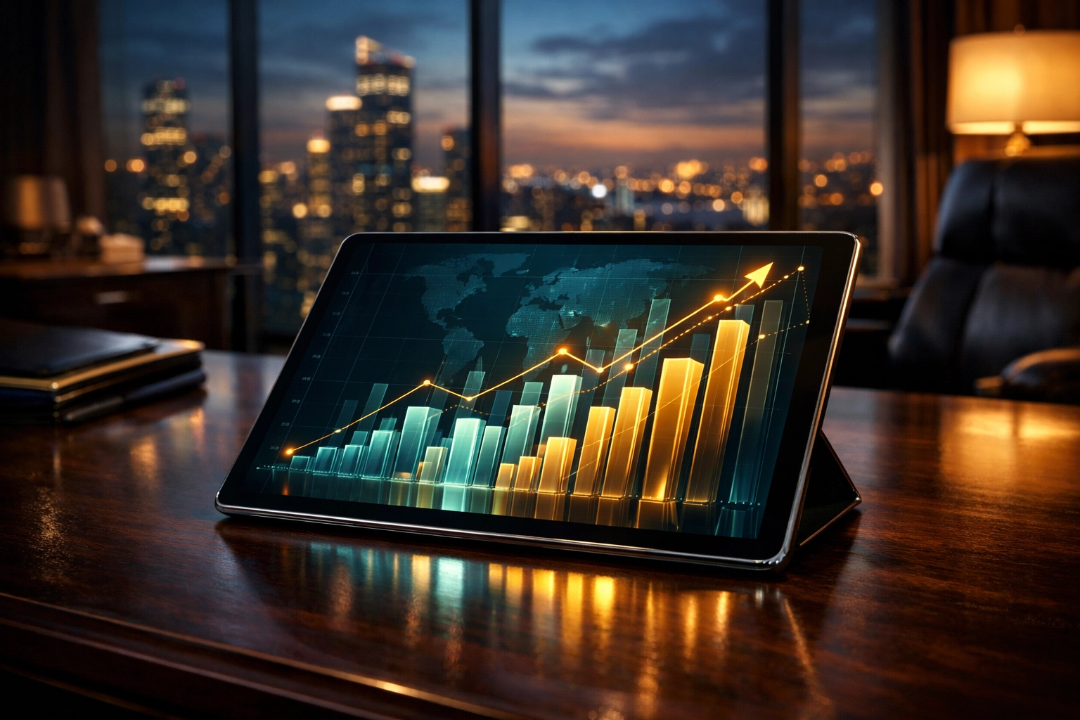 Financial growth model on a tablet in an executive office for investor fundraising due diligence.