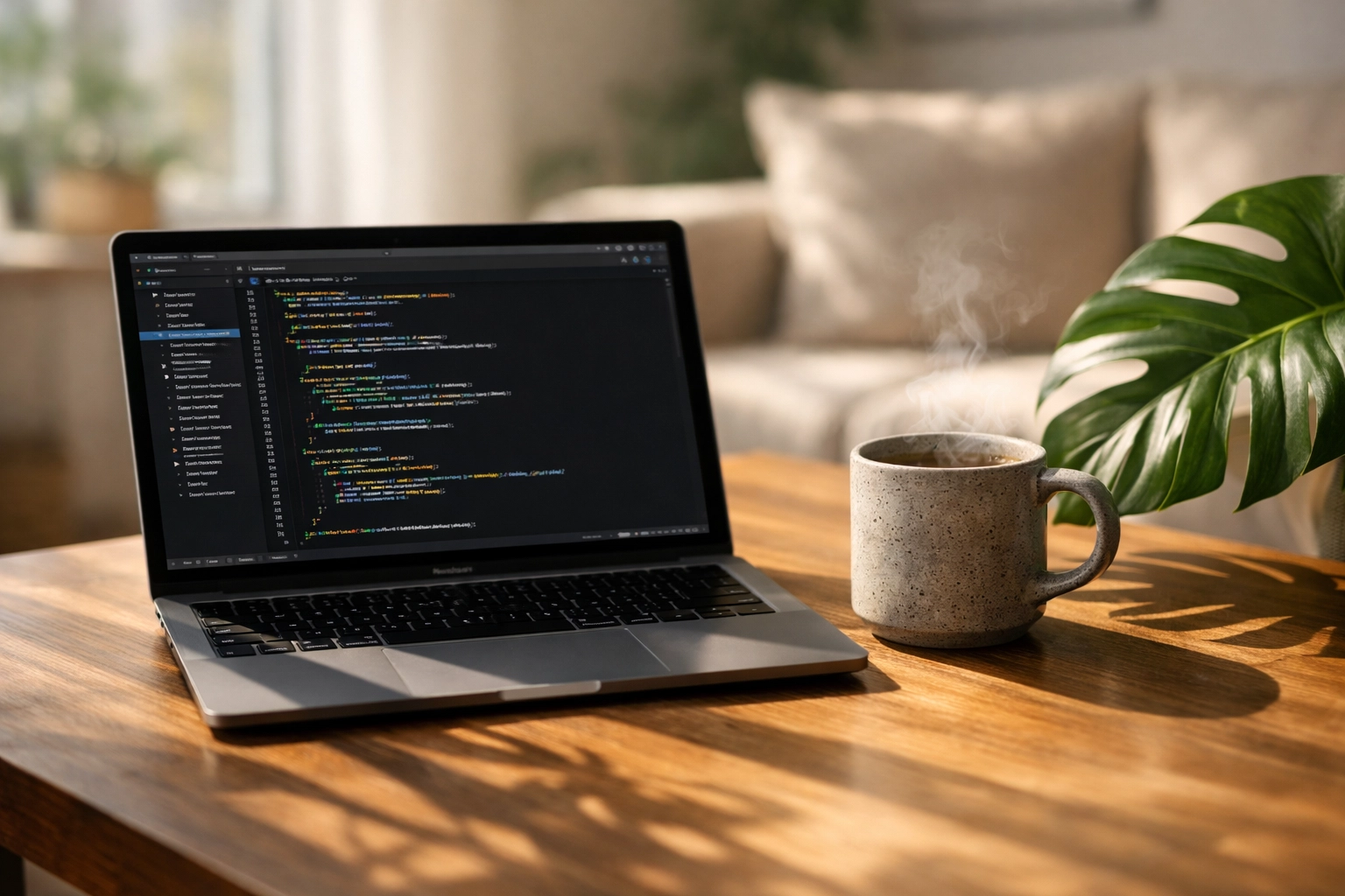 A minimalist home office setup showing a laptop with Python code and a coffee mug for productive learning.