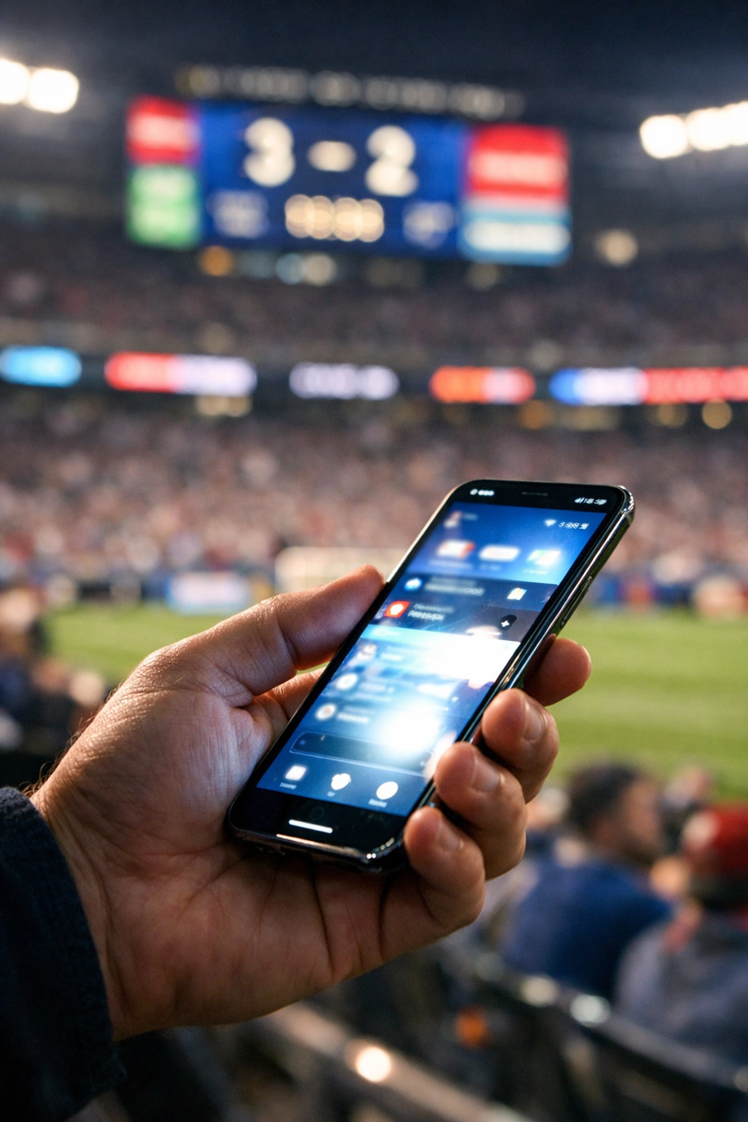 A stadium fan uses a smartphone to engage with digital advertising during a major sports event.