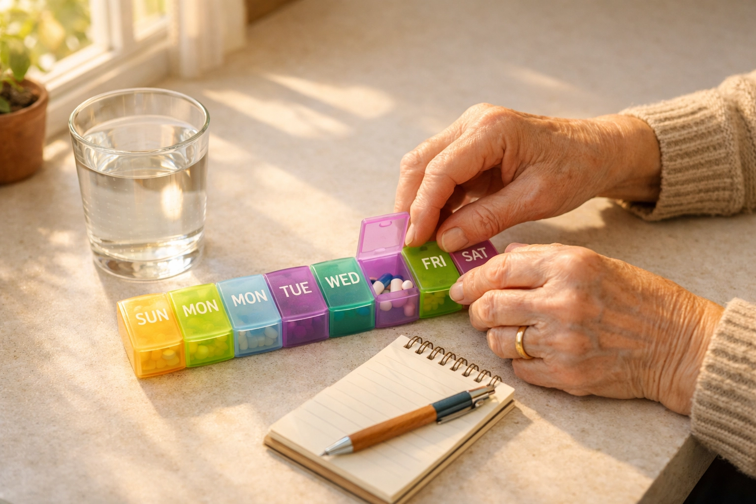 Senior woman organizing weekly pill organizer on kitchen counter for safe medication management