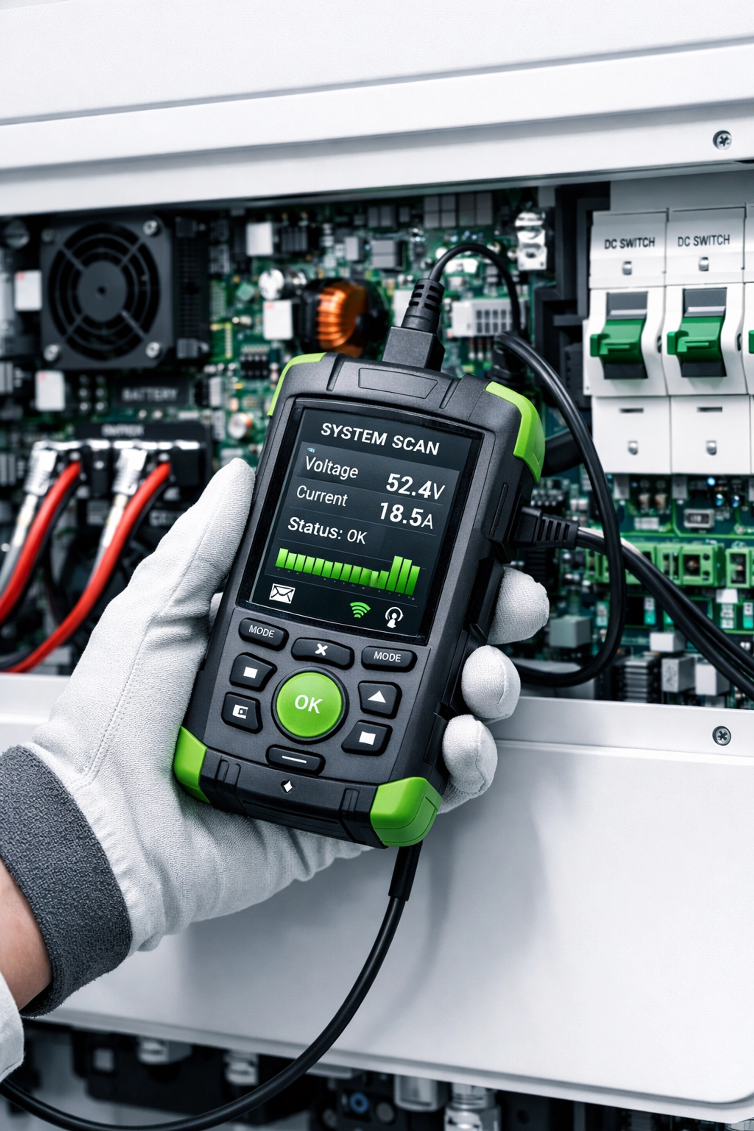 A professional technician performing a maintenance check on a residential solar inverter and battery system.