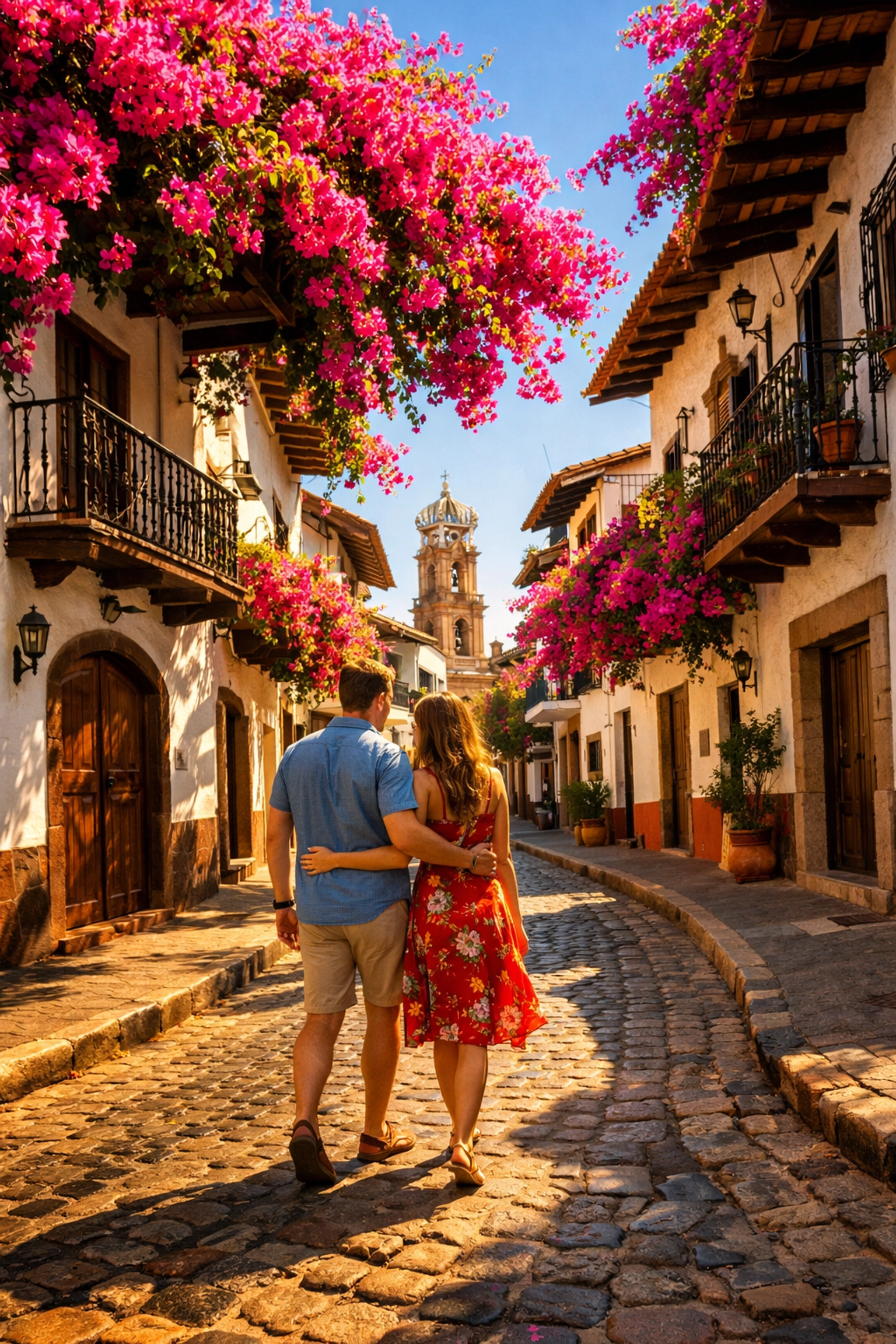 A couple strolling through the historic Zona Romántica near puerto vallarta old town condo rentals.