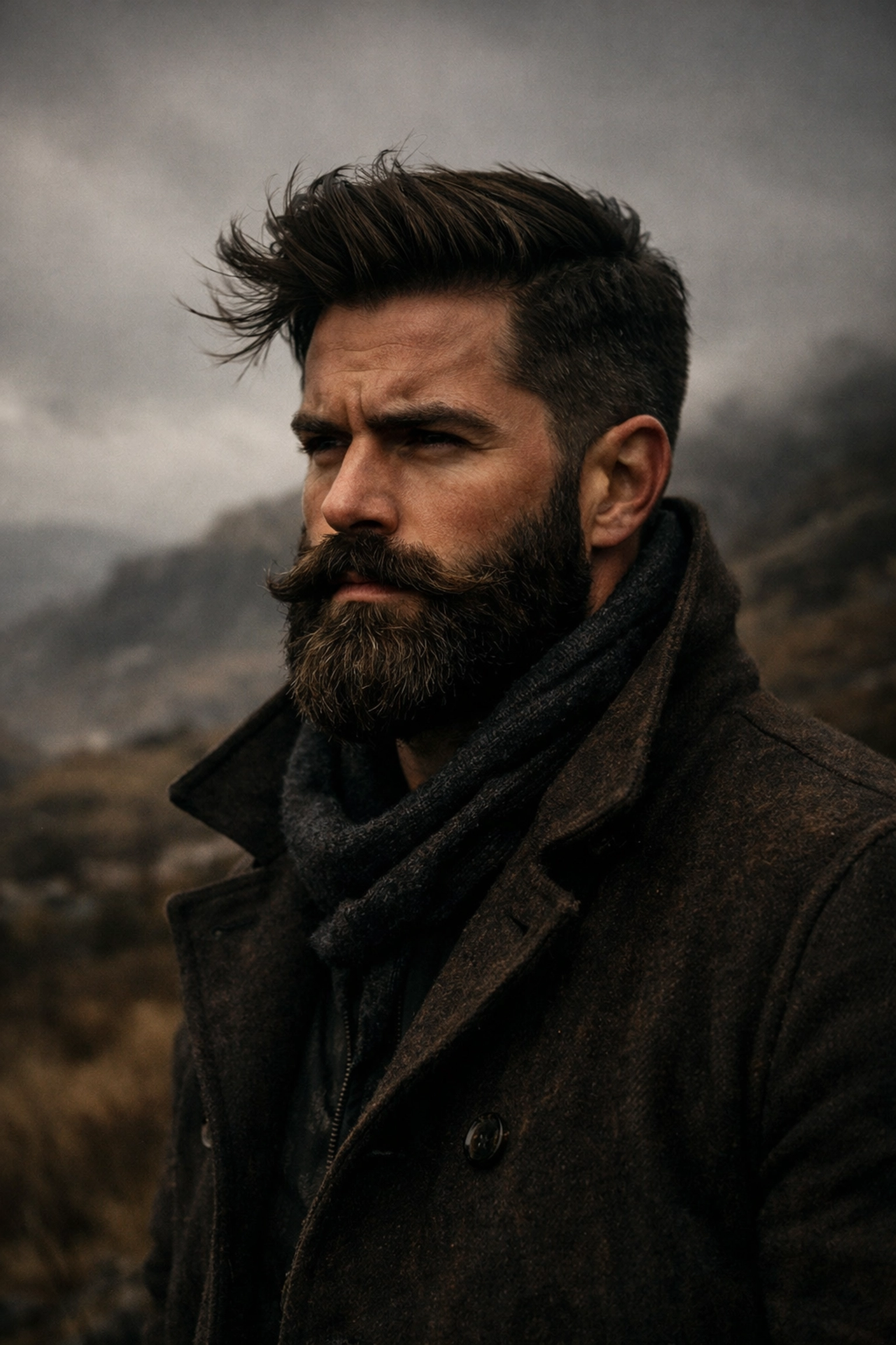 Resilient beard shape maintained outdoors in windy weather using strong hold styling wax.