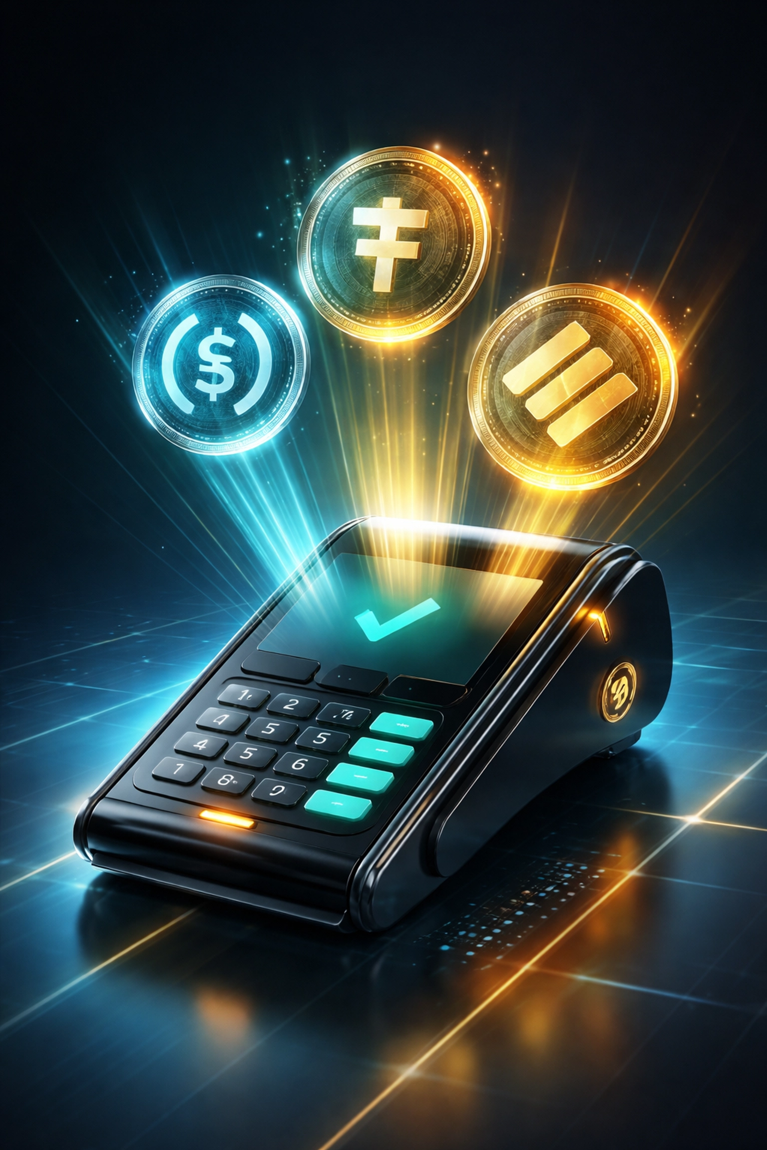 Futuristic payment terminal with stablecoin icons showcasing instant global crypto transactions and near-zero merchant fees