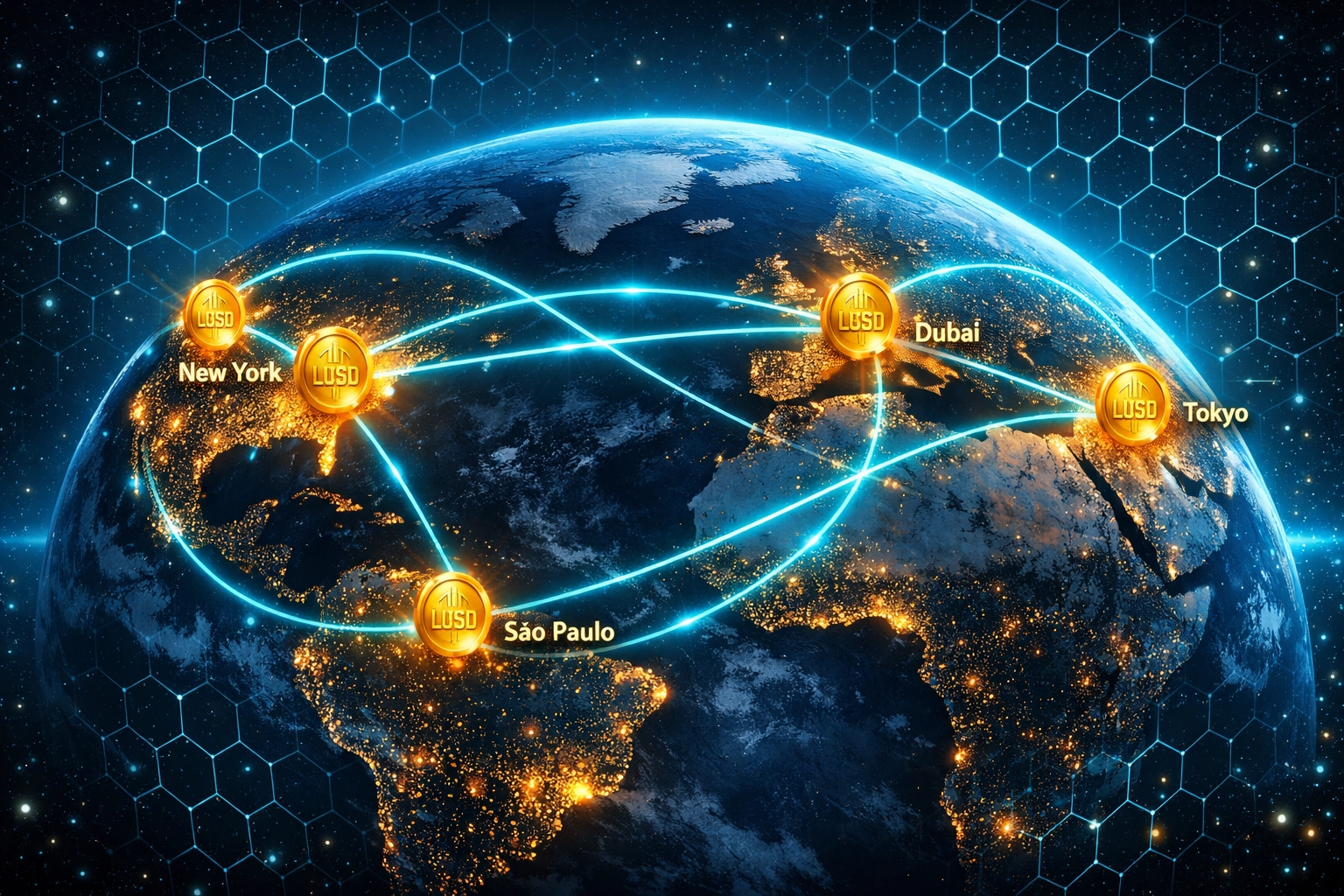 LUSD global payment network connecting international merchants across major cities worldwide