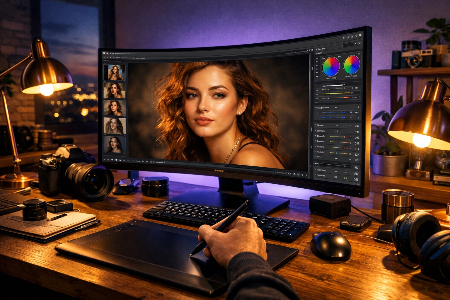 Color grading a face on a monitor using digital portrait photography techniques in post-processing.