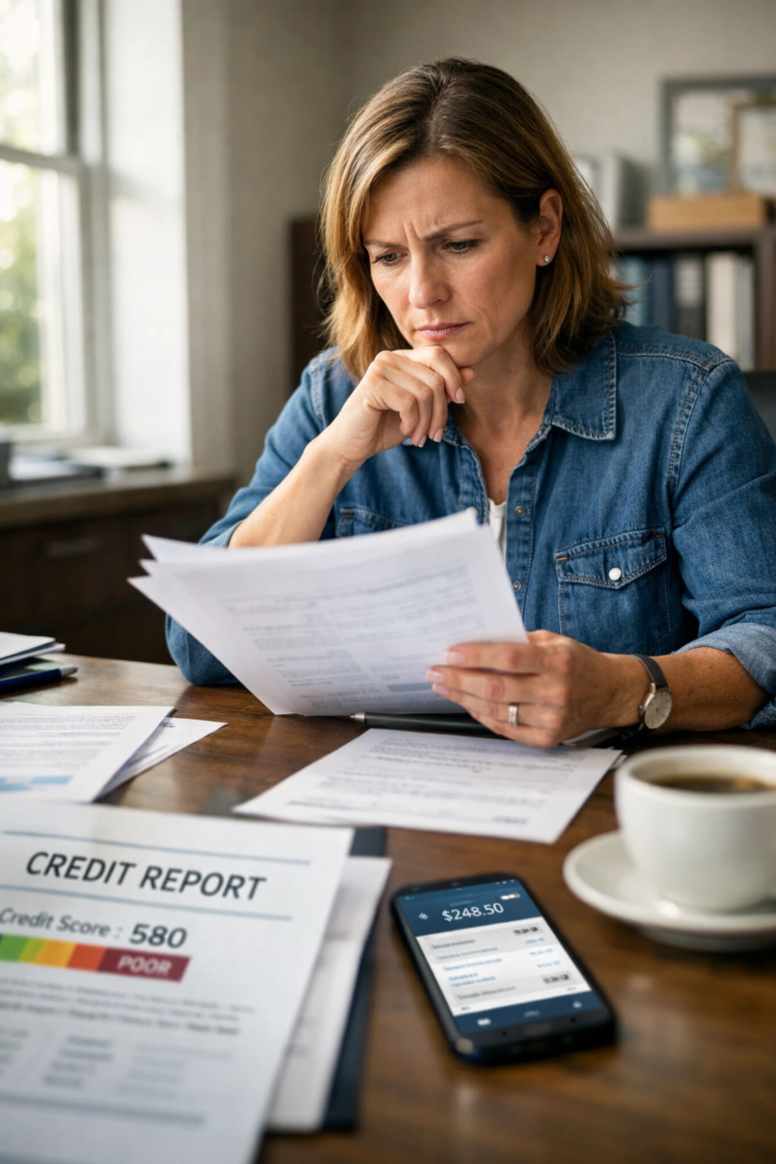 Business owner preparing CSBFL loan application with financial documents and credit reports