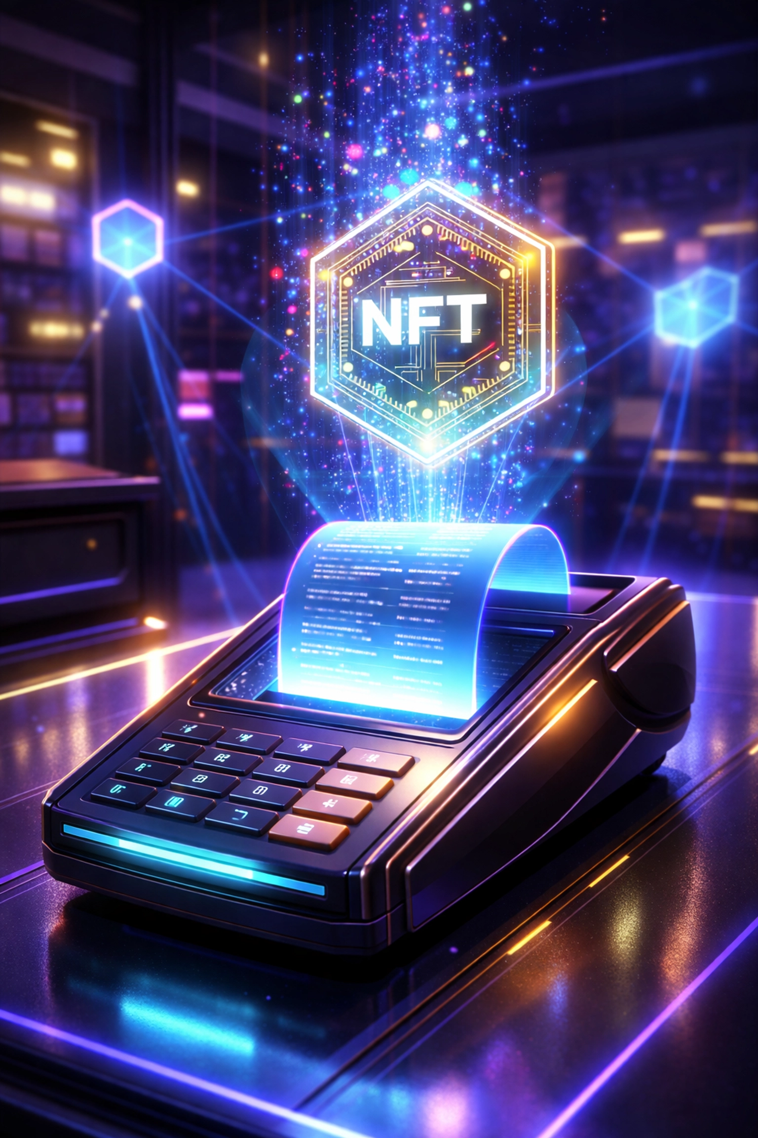 A digital receipt transforms into an NFT above a point-of-sale terminal, highlighting Larecoin NFT utility in Web3 payments.