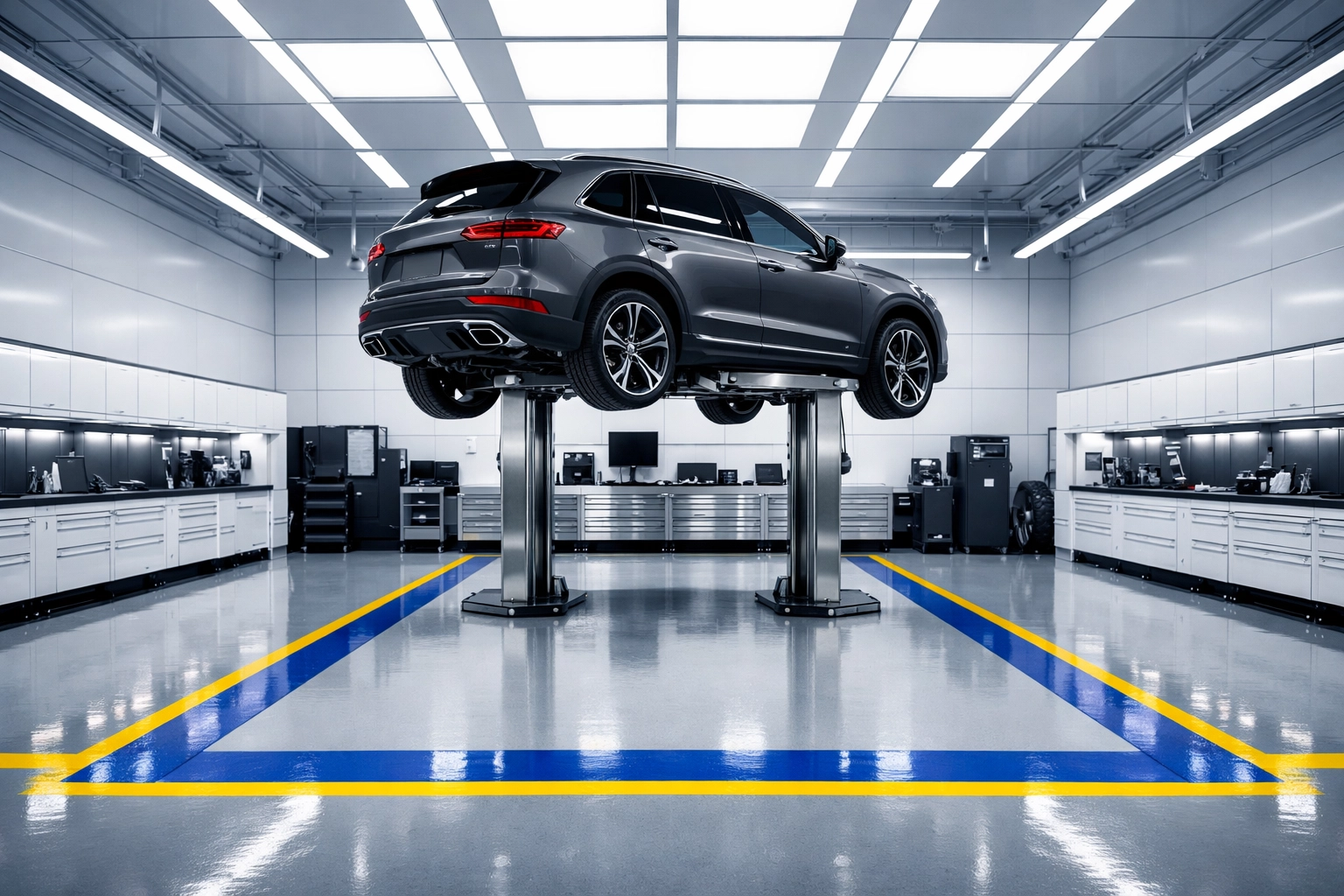 Impeccable automotive service bay showcasing professional car dealership cleaning services.