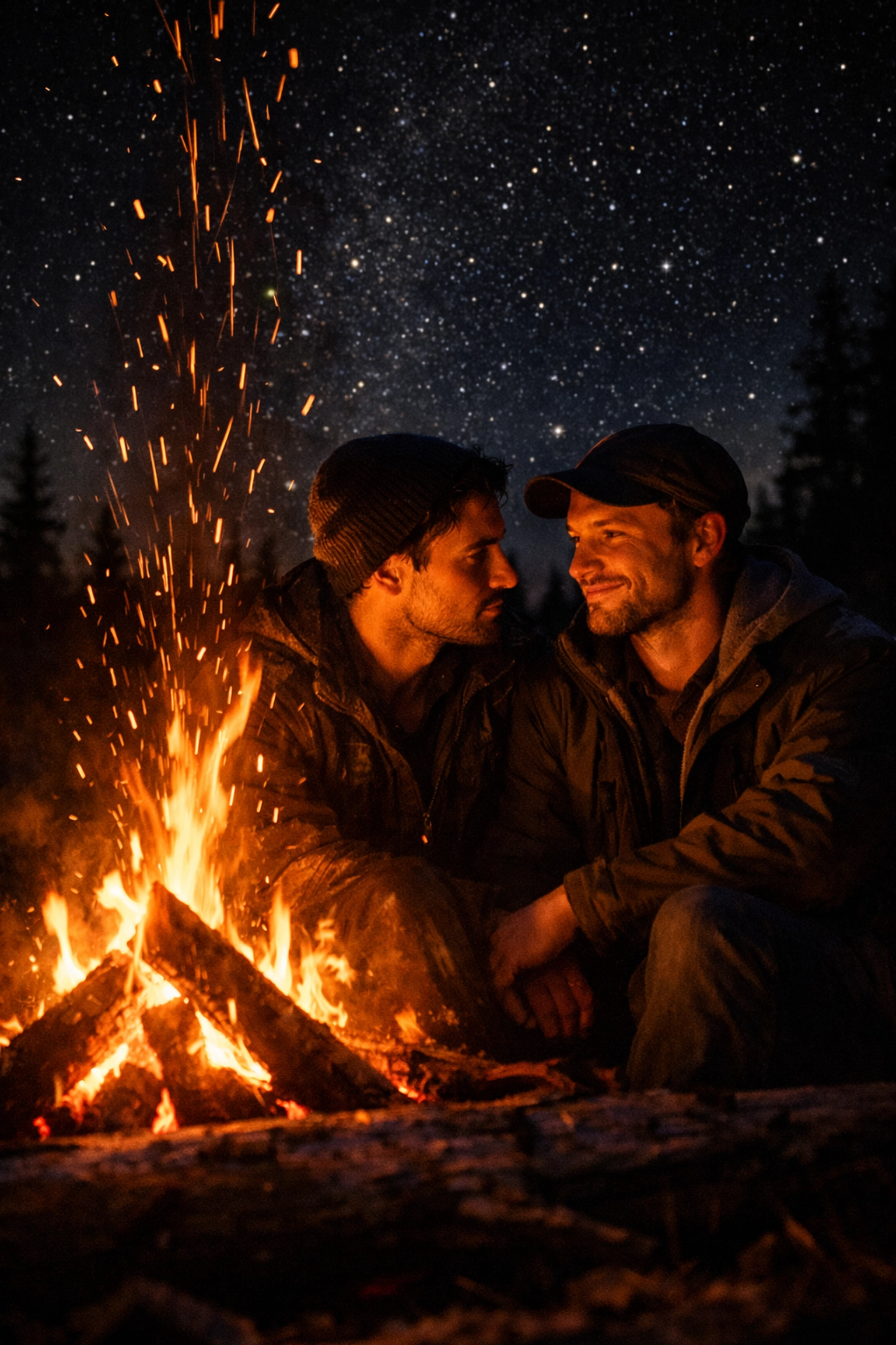 Two men sharing an intimate moment by a campfire under a starry sky, a classic MM romance trope.