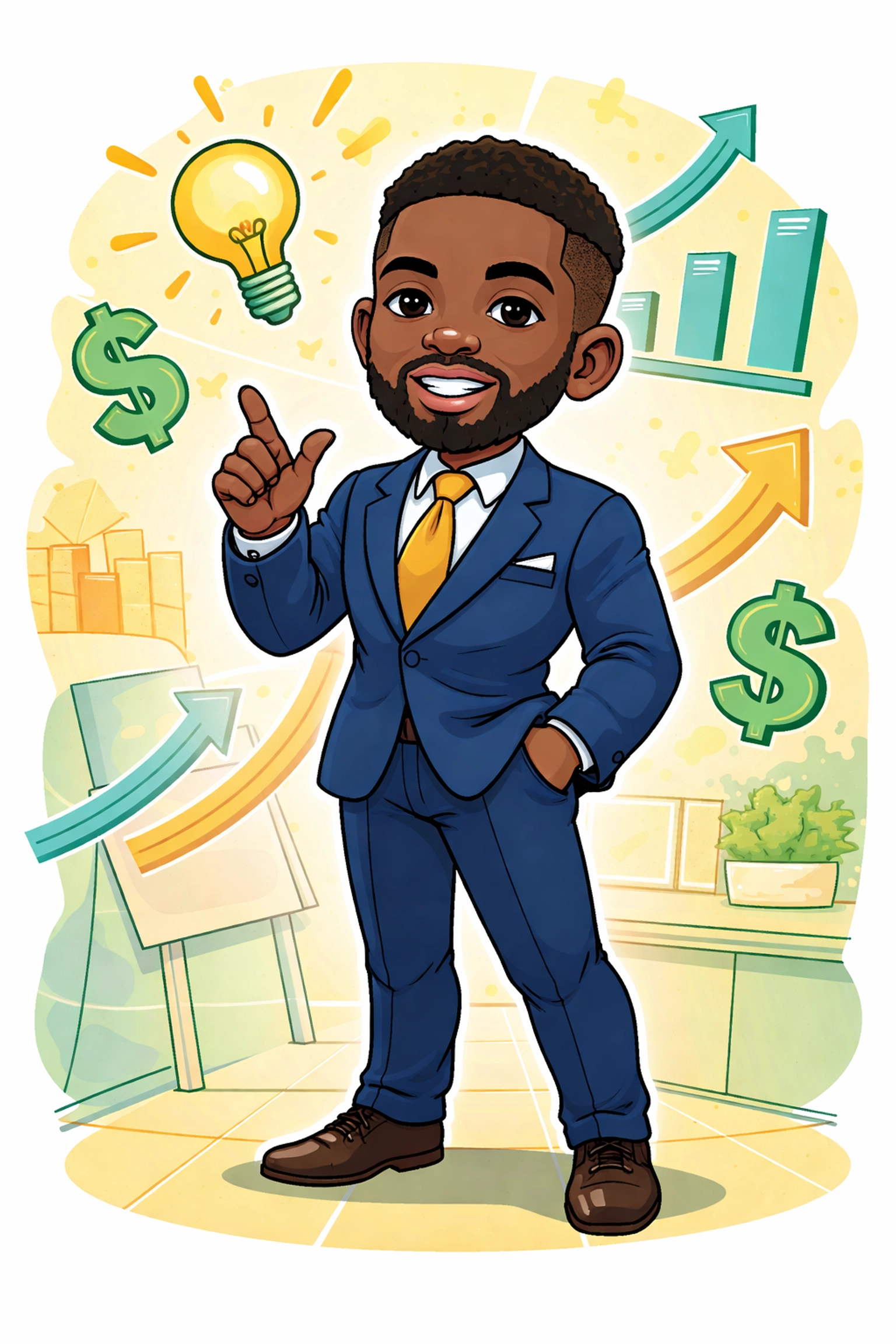 Comic illustration of Mini-Antonio in a navy suit, symbolizing acumen and leadership in CRC's boardroom-focused literacy program