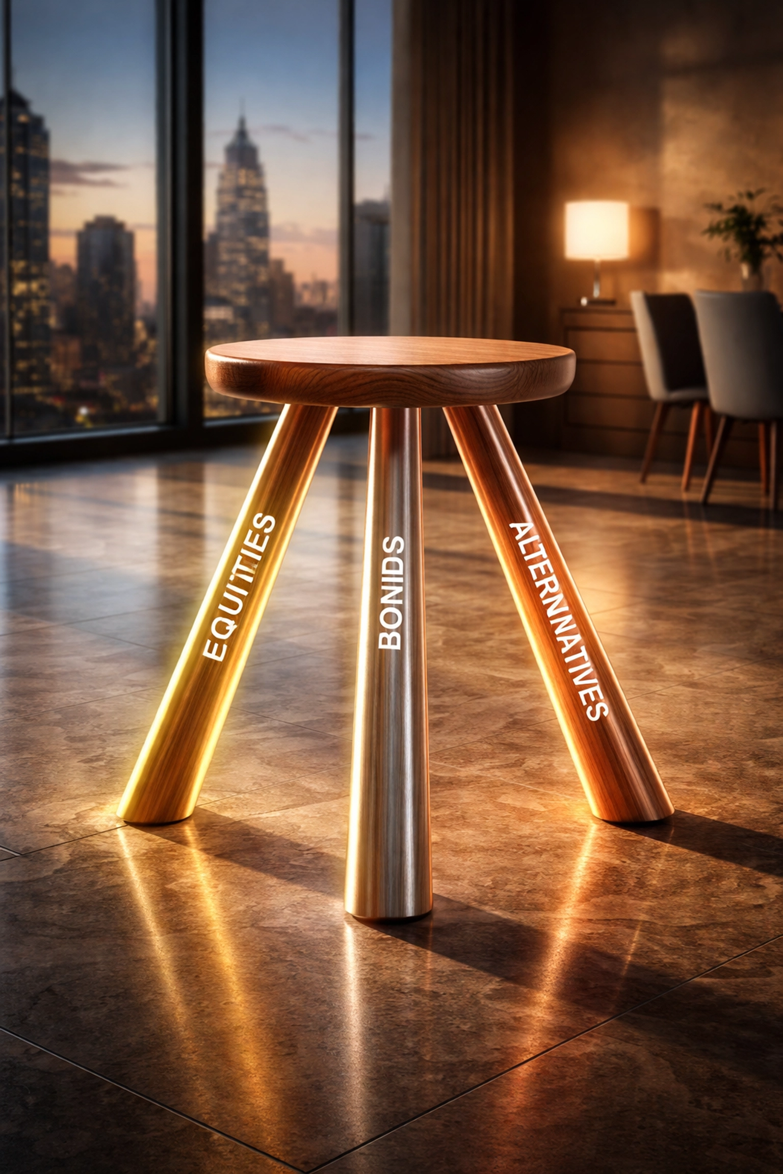 A three-legged stool symbolizing the balanced diversification of the 40/30/30 investment portfolio model.