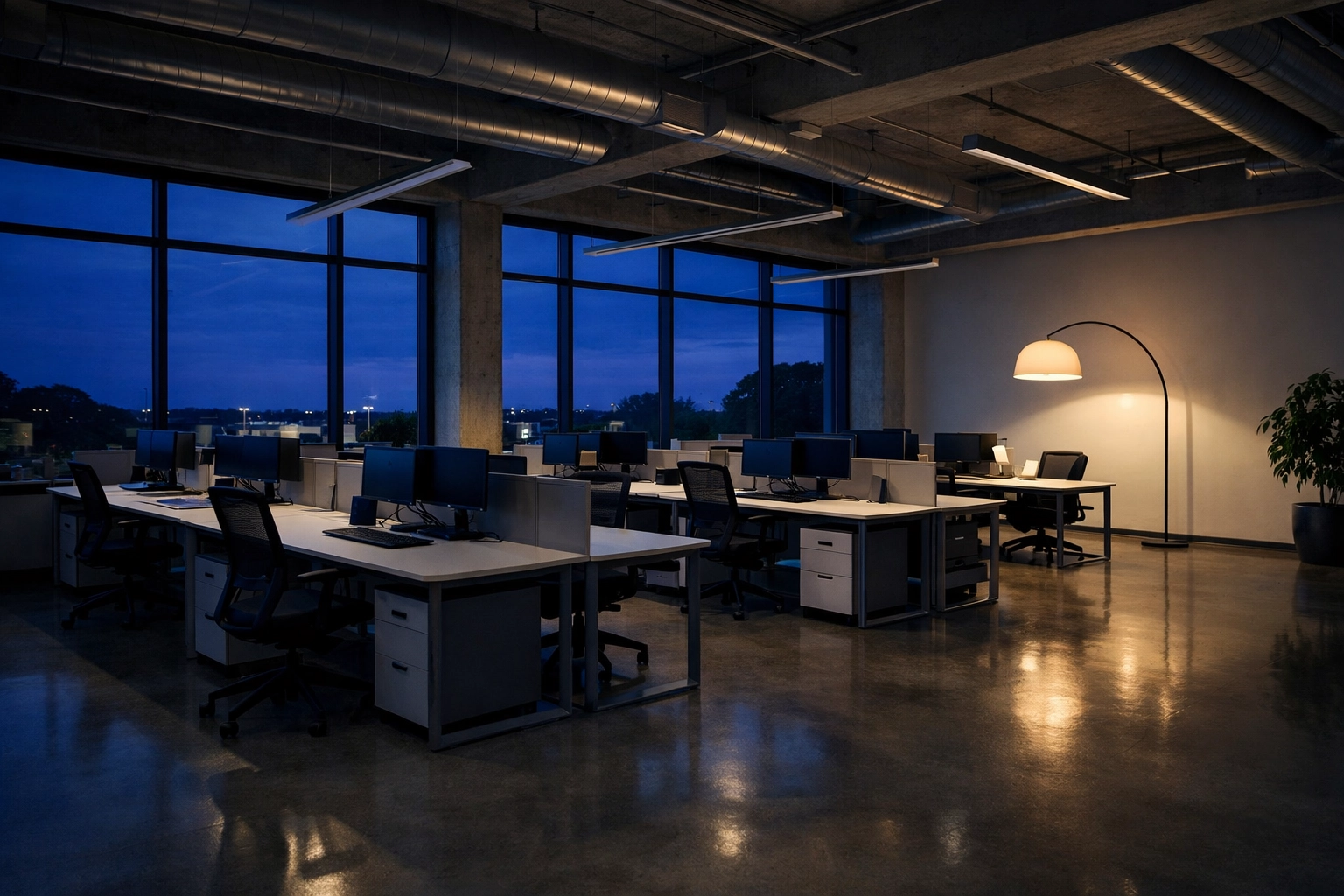 Private North Carolina office setting for a confidential after-hours business site visit.