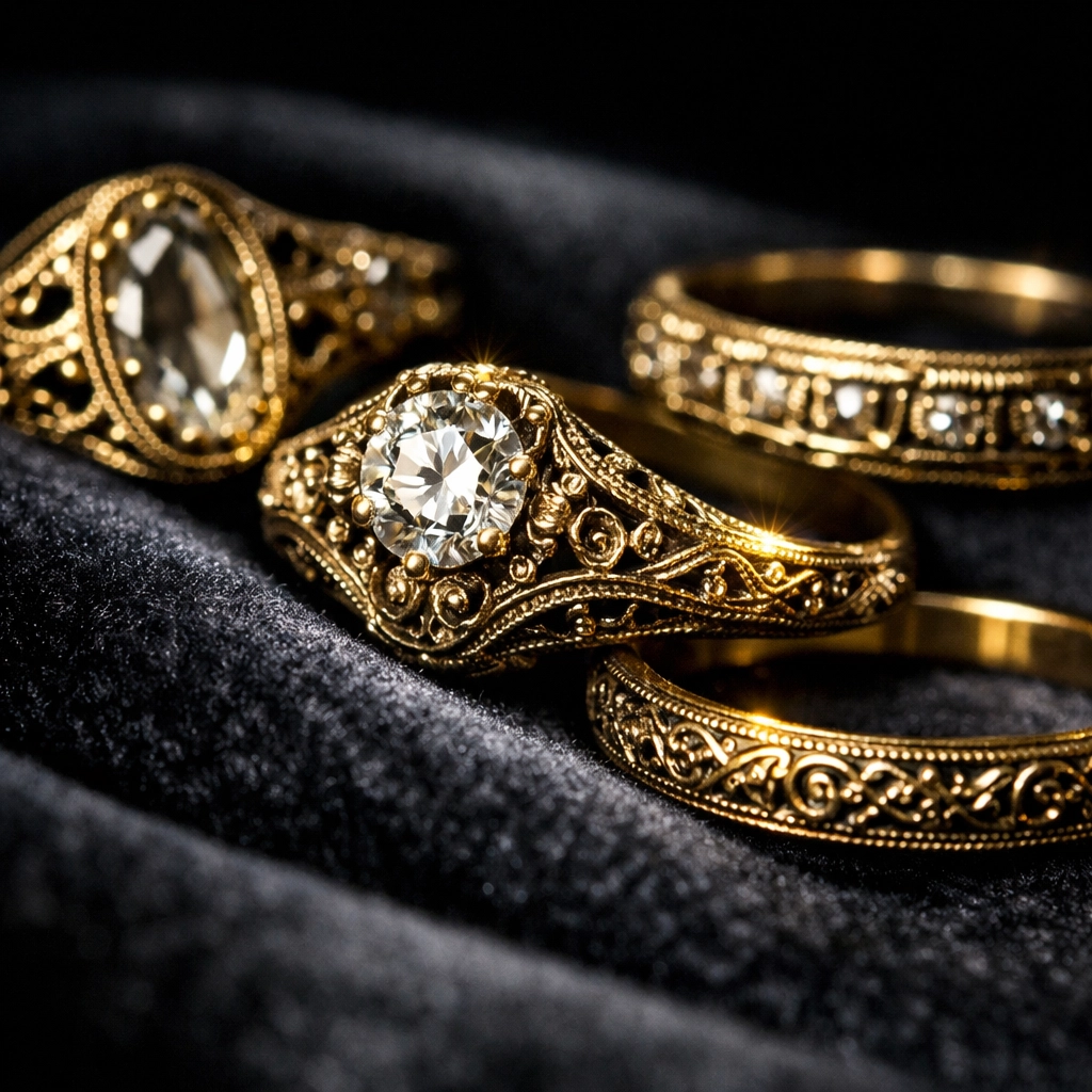 Detailed close-up of vintage gold rings on velvet for estate jewelry buyers in Columbus Ohio.