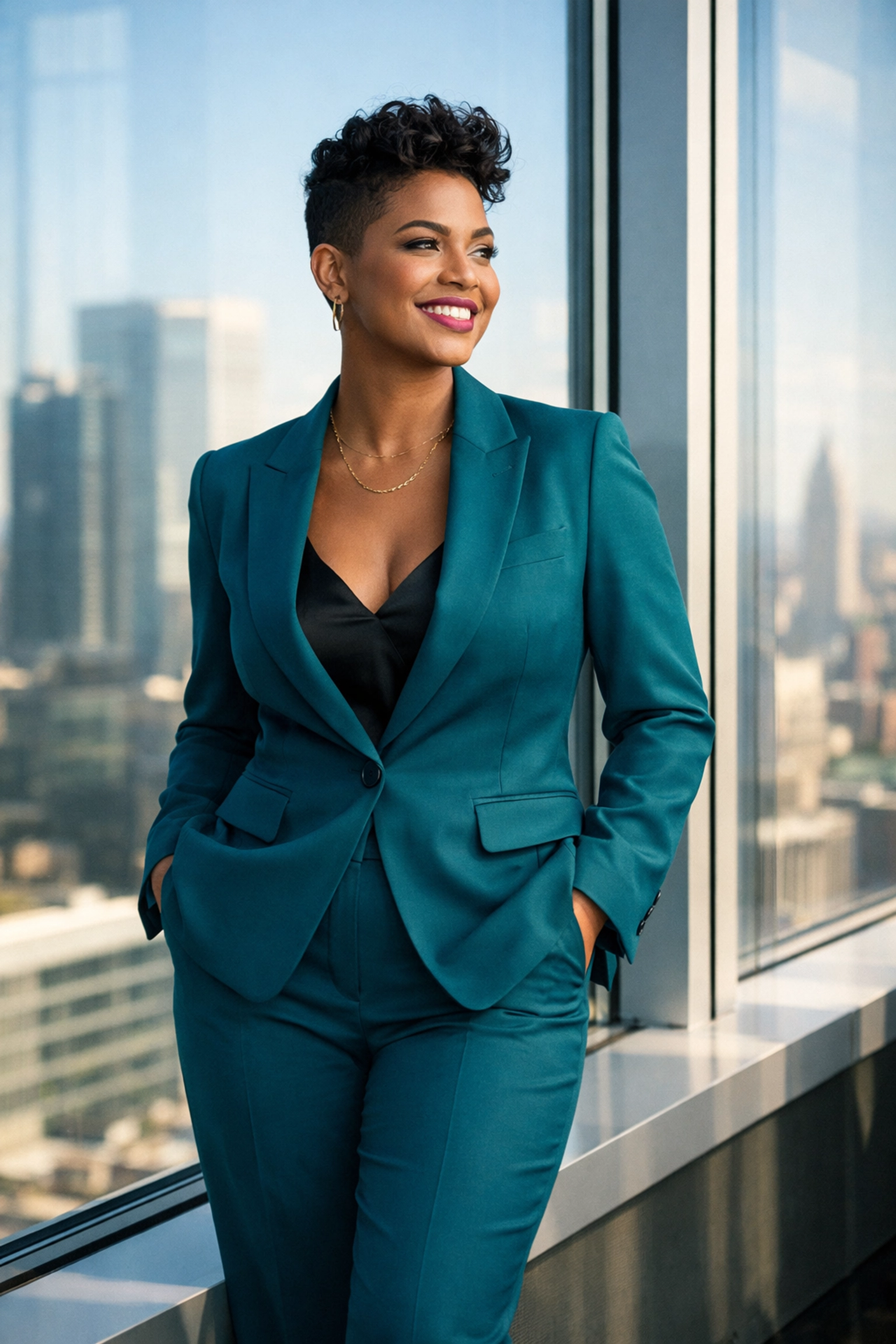 Empowered queer woman of color demonstrating leadership in a professional modern office environment.