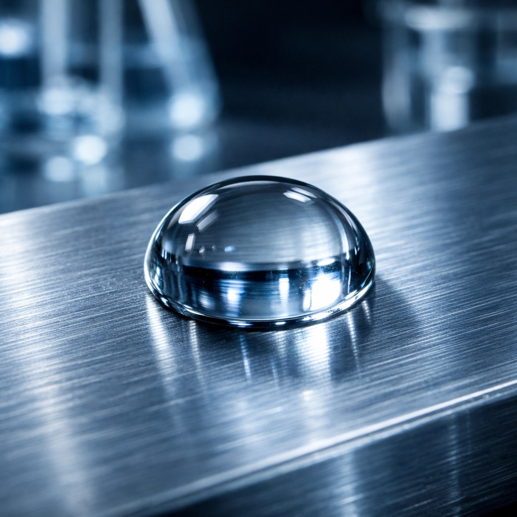 Close-up of a chemical cleaning solution droplet on a brushed anodized aluminum surface.