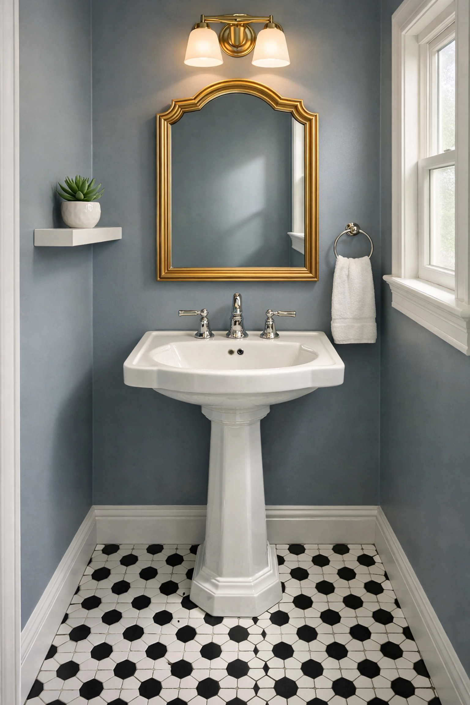 Renovated powder room with hexagonal tile flooring in Central Florida home