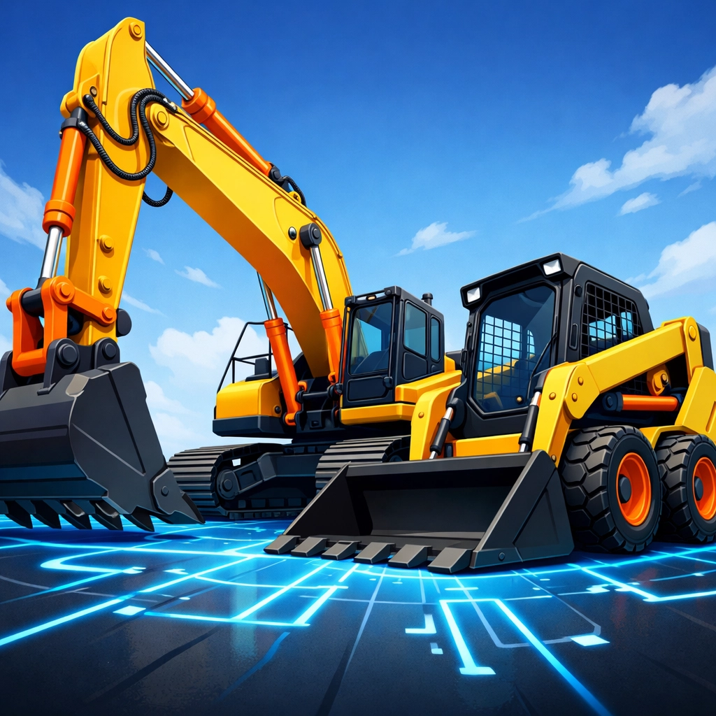 Heavy construction equipment including a yellow excavator and compact skid steer.