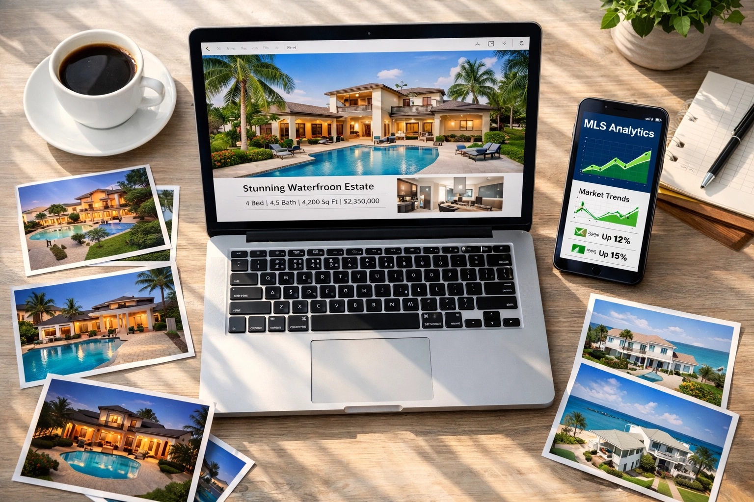 Real estate agent reviewing professional listing photography and MLS analytics