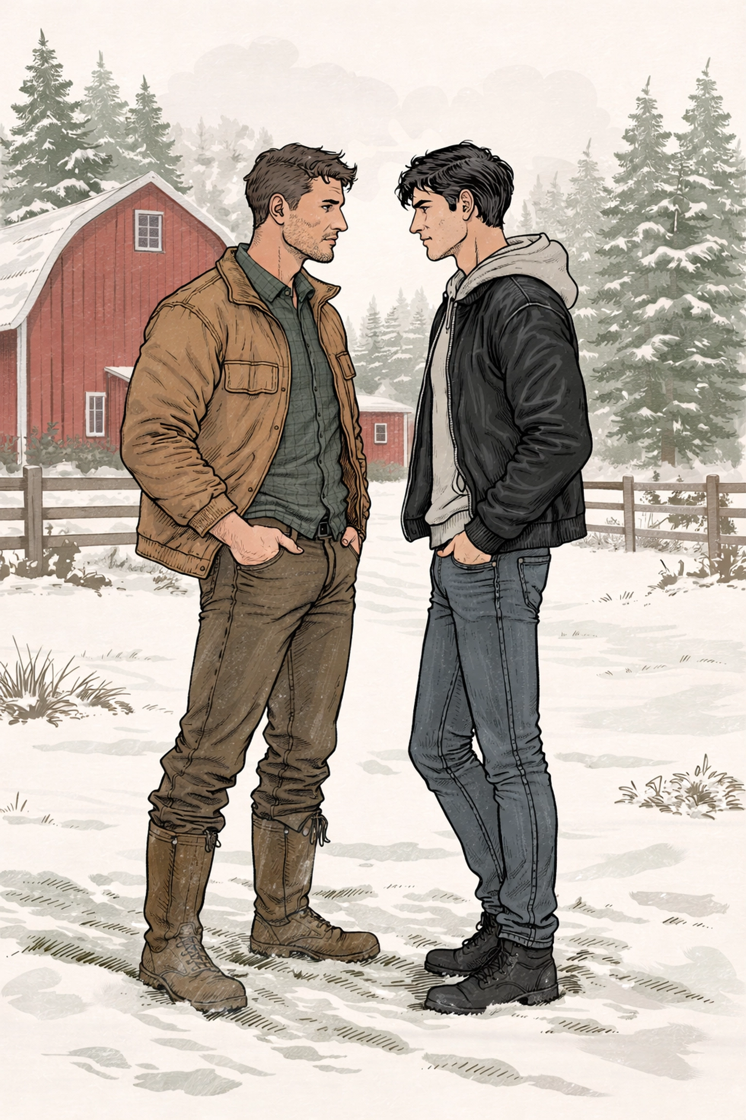 Farmer and city driver face each other in a snowy farmyard, capturing the opposites-attract tension of Danish MM romance