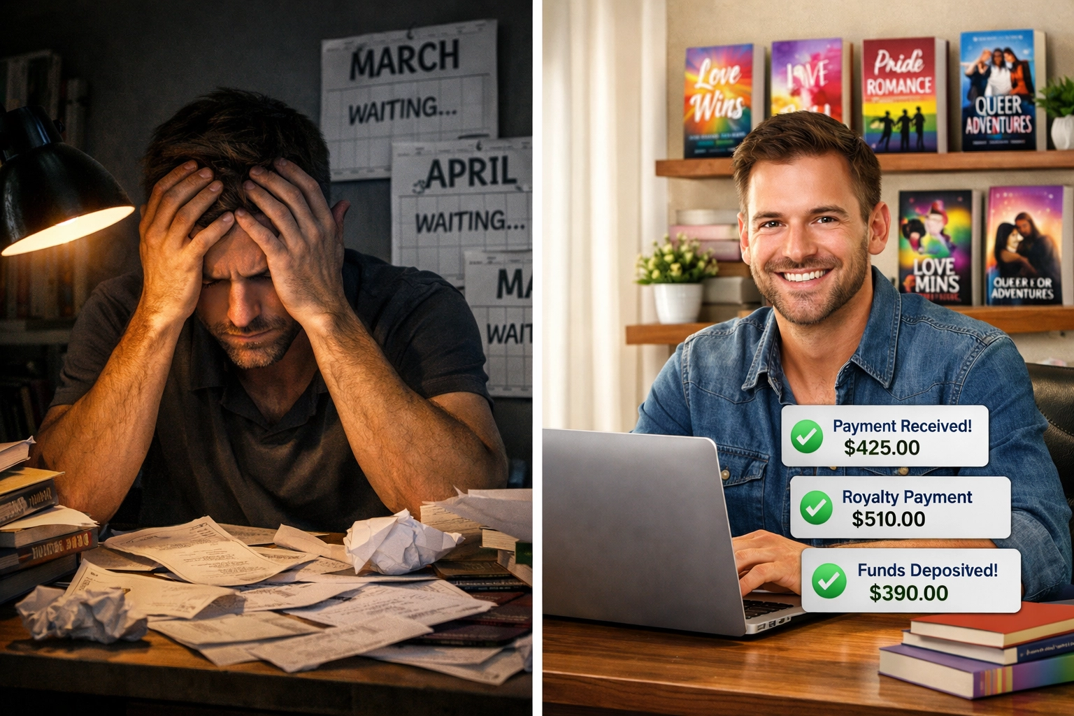 Gay author comparison: delayed Amazon payments vs daily royalties from direct sales