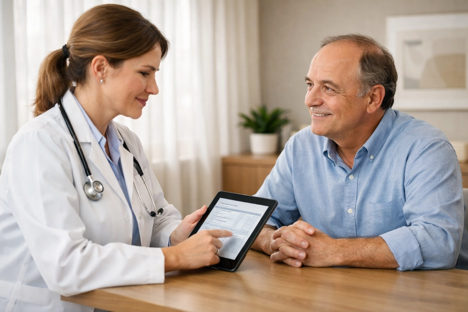 Healthcare provider reviewing lab results with patient during hair restoration consultation