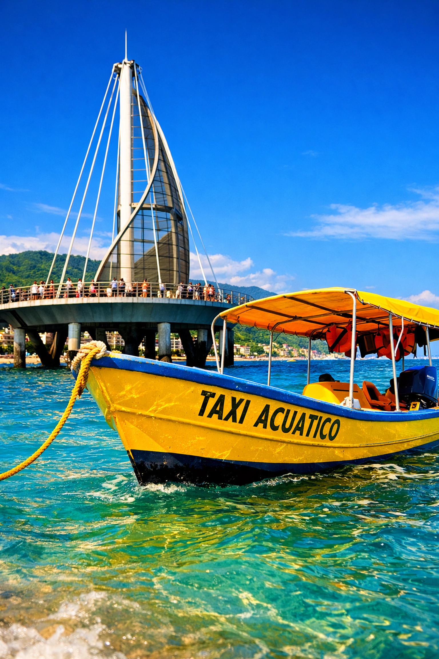 Yellow water taxi at Los Muertos Pier, a top attraction near Puerto Vallarta Old Town condo rentals.