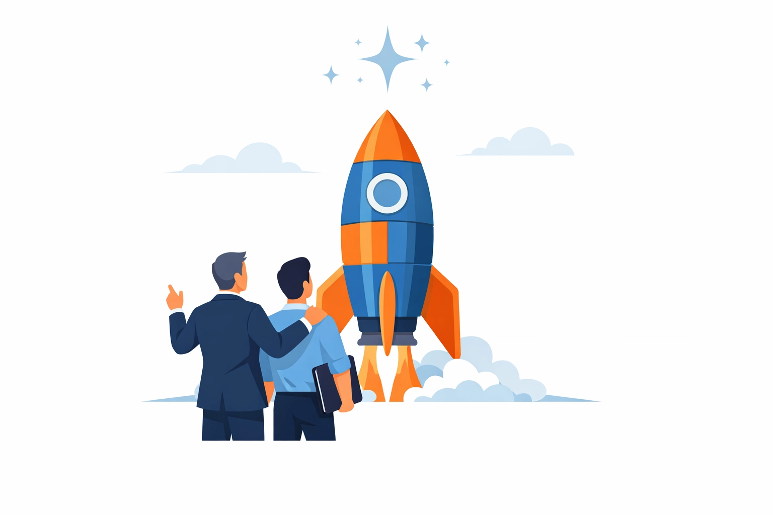 Mentor and learner by a rocket, symbolizing success in customer education for business growth.