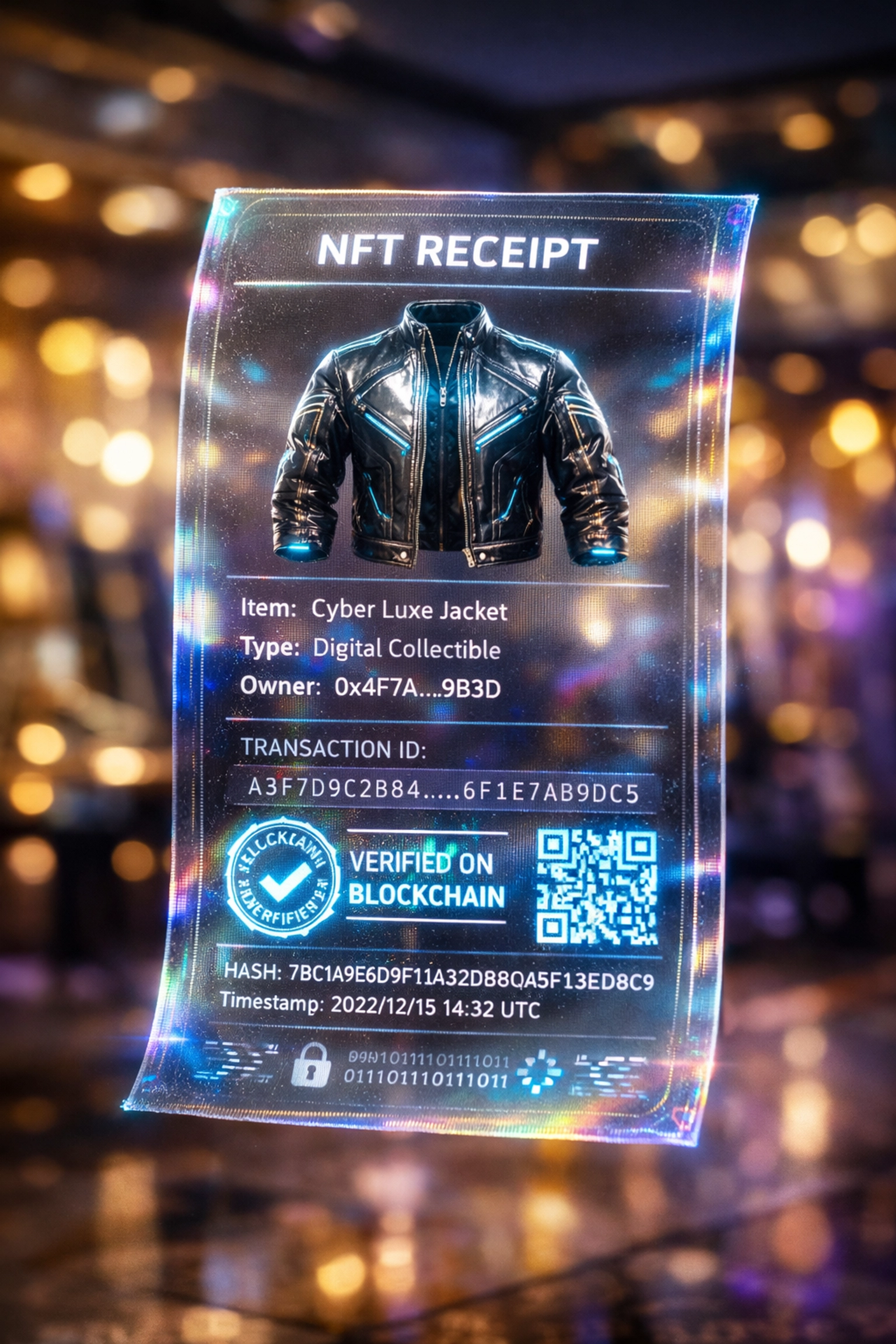 Holographic NFT receipt for digital fashion item with blockchain verification in VR boutique
