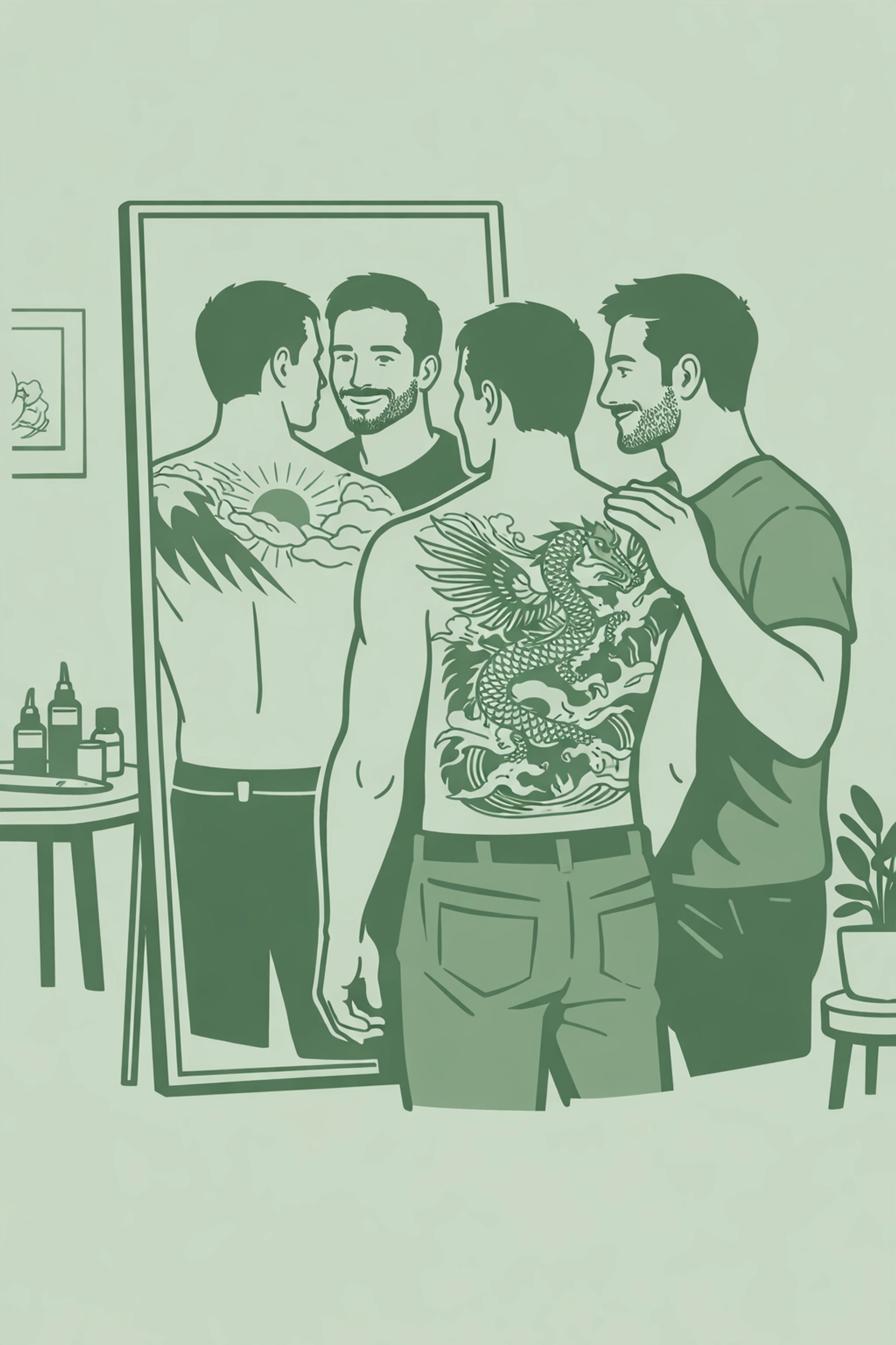 Two men viewing completed back piece tattoo in mirror reflection celebrating their bond