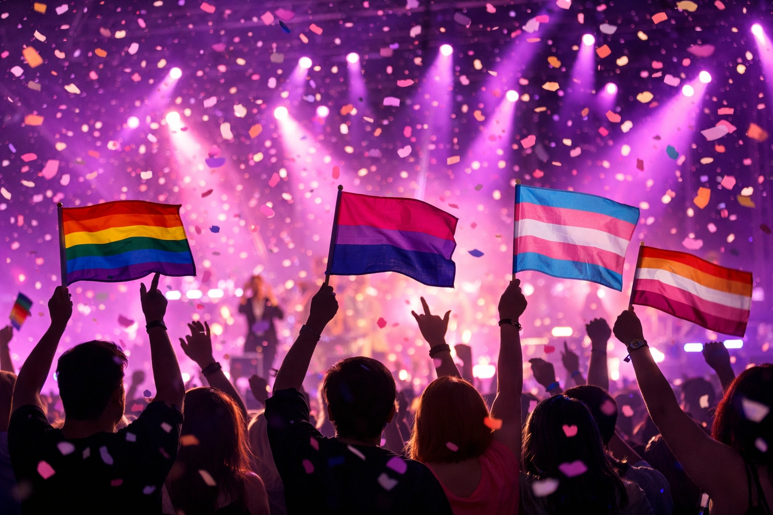 LGBTQ+ fans celebrating with pride flags at a queer pop concert with colorful stage lighting